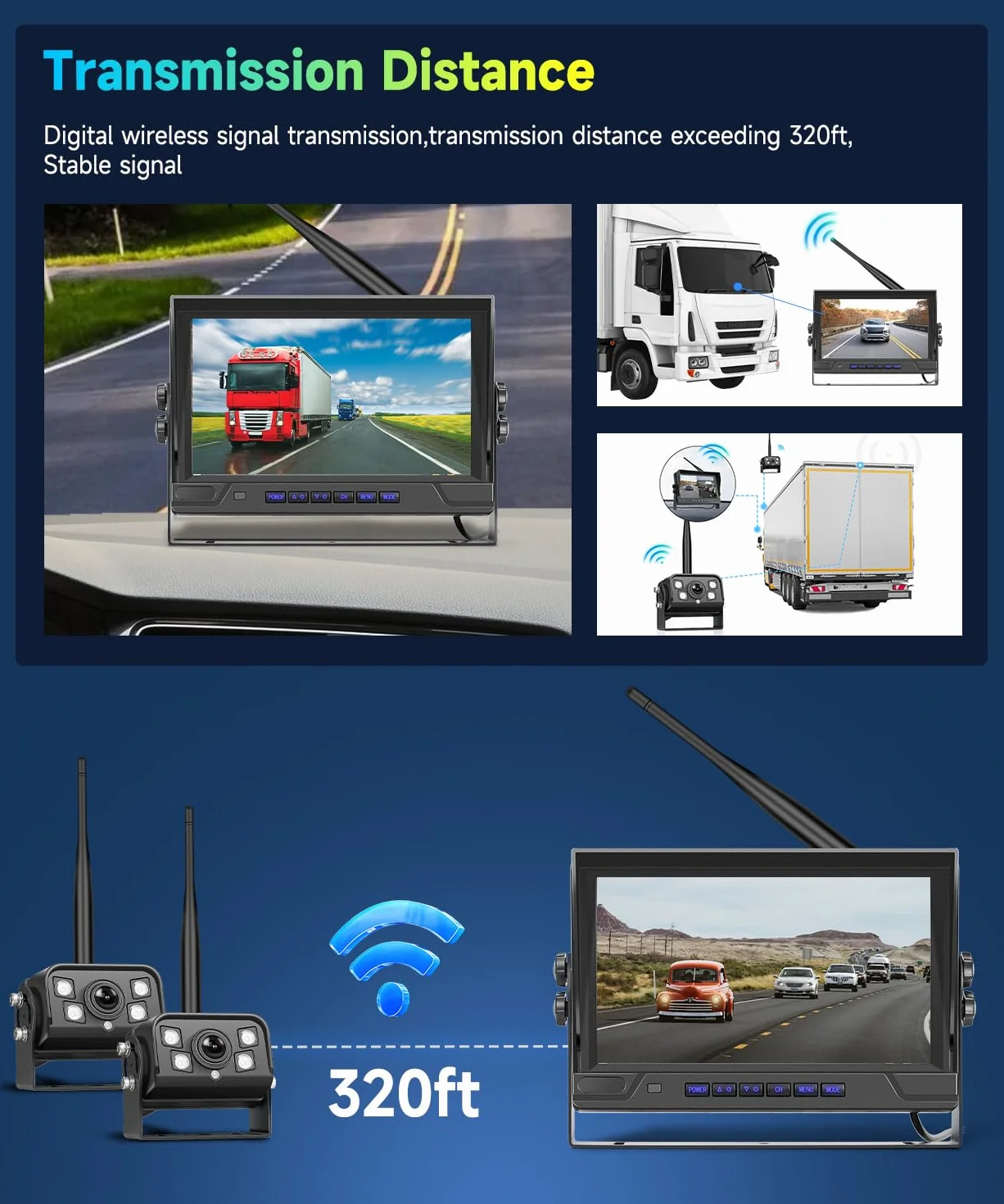 VECHTEL Kit Telecamera Posteriore IPS HD 9 Pollici senza Fili con 2 Telecamera, BSD/DVR, Telecamera Retromarcia Auto Wireless Impermeabile IP68 con Visione Notturna per Camion, Camper, Furgoni