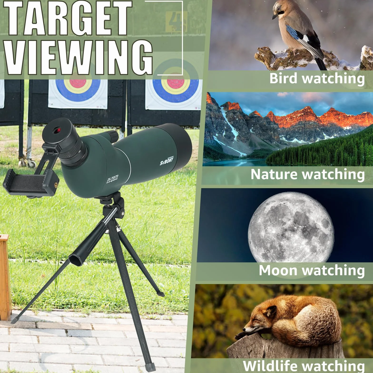 Svbony SV28PLUS Cannocchiale, con Treppiede, 25-75x70mm HD BAK4, A5 Rosso Vino FMC Impermeabile,Cannocchiale Terrestre con Adattatore Telefono Borsa, per Tiro a Segno Tiro, con l'arco Birdwatching