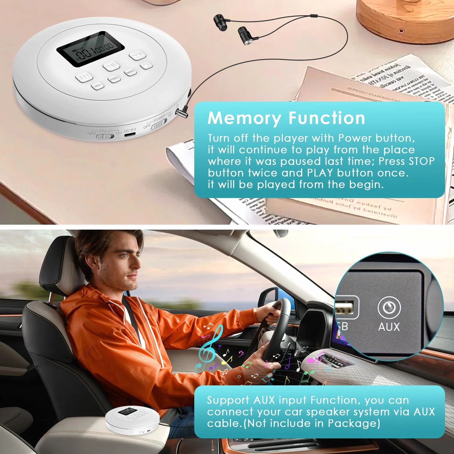 Gueray Lettore CD Portatile Hifi con display stereo cd Lettore CD con cuffie Supporto PROG ASP Funzione di memoria Funzione di ripetizione Effetto BASSO Bianco