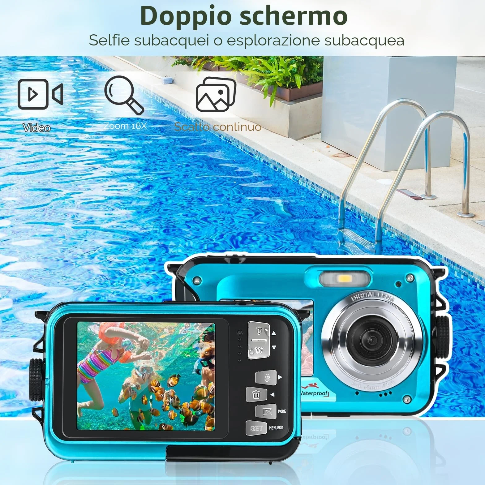 Macchina Fotografica Subcquea, Comius Sharp Fotocamera Subacquea Digitale 10FT 30MP Photo FHD Video 16X Digital Zoom con Scheda di Memoria da 32G per Selfie Subacquei, Nuoto, Immersione
