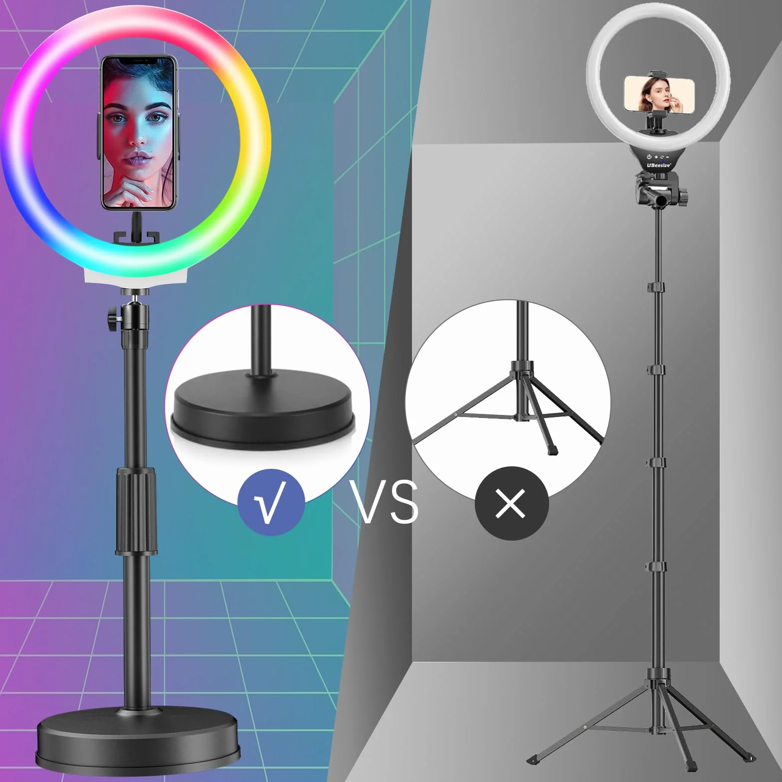 PEYOU Anello luminoso con supporto e supporto per telefono, desktop dimmerabile da 10" 【RGB e LED】 Luce circolare per riunioni Zoom/streaming live/video/YouTube/Tiktok/Vlog