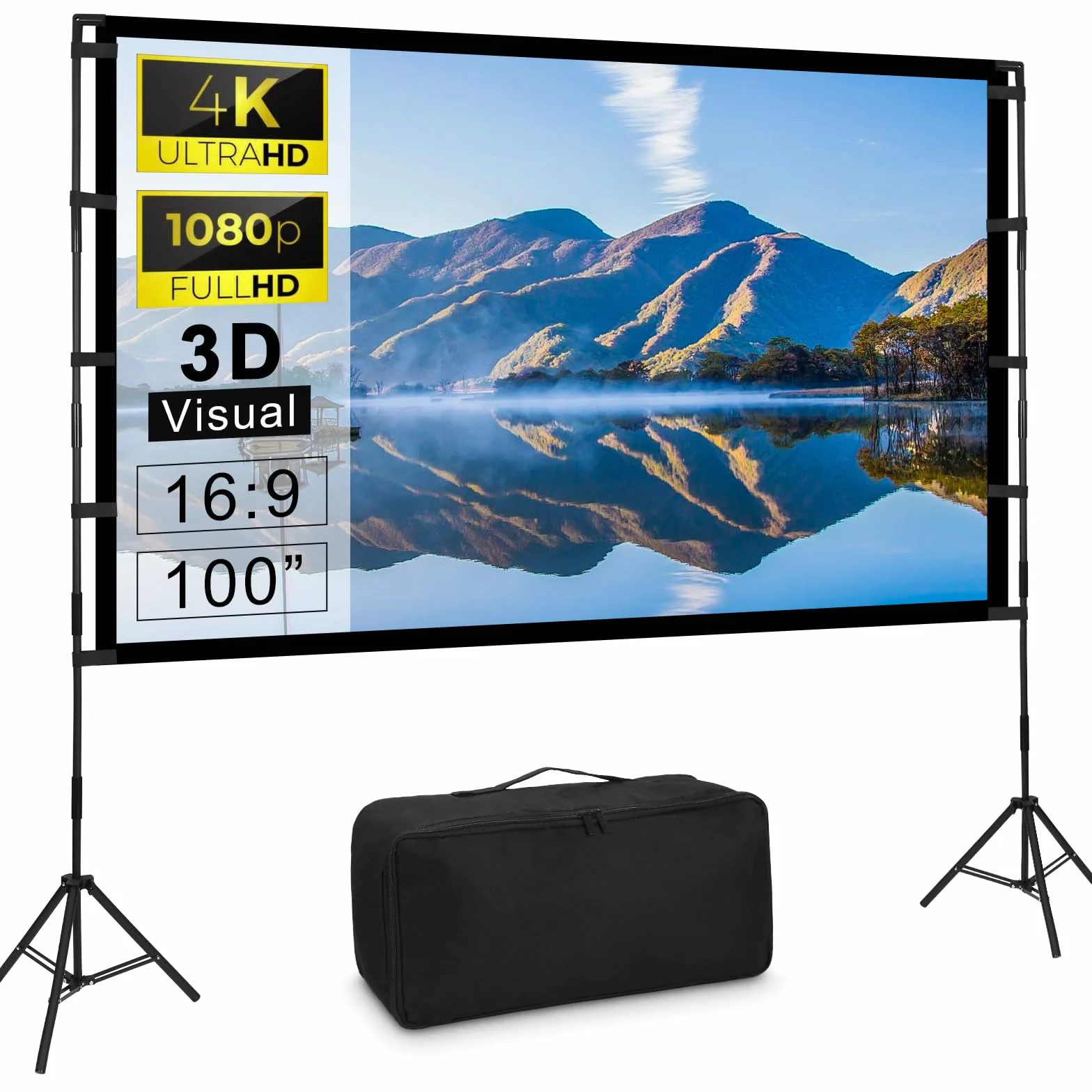 Schermo Proiettore con Supporto 100", 4K HD 16:9 Portatile Schermo Proiettore, Grandangolo di 160 Gradi, Perfetta per Teatro Domestico Festa, Outdoor