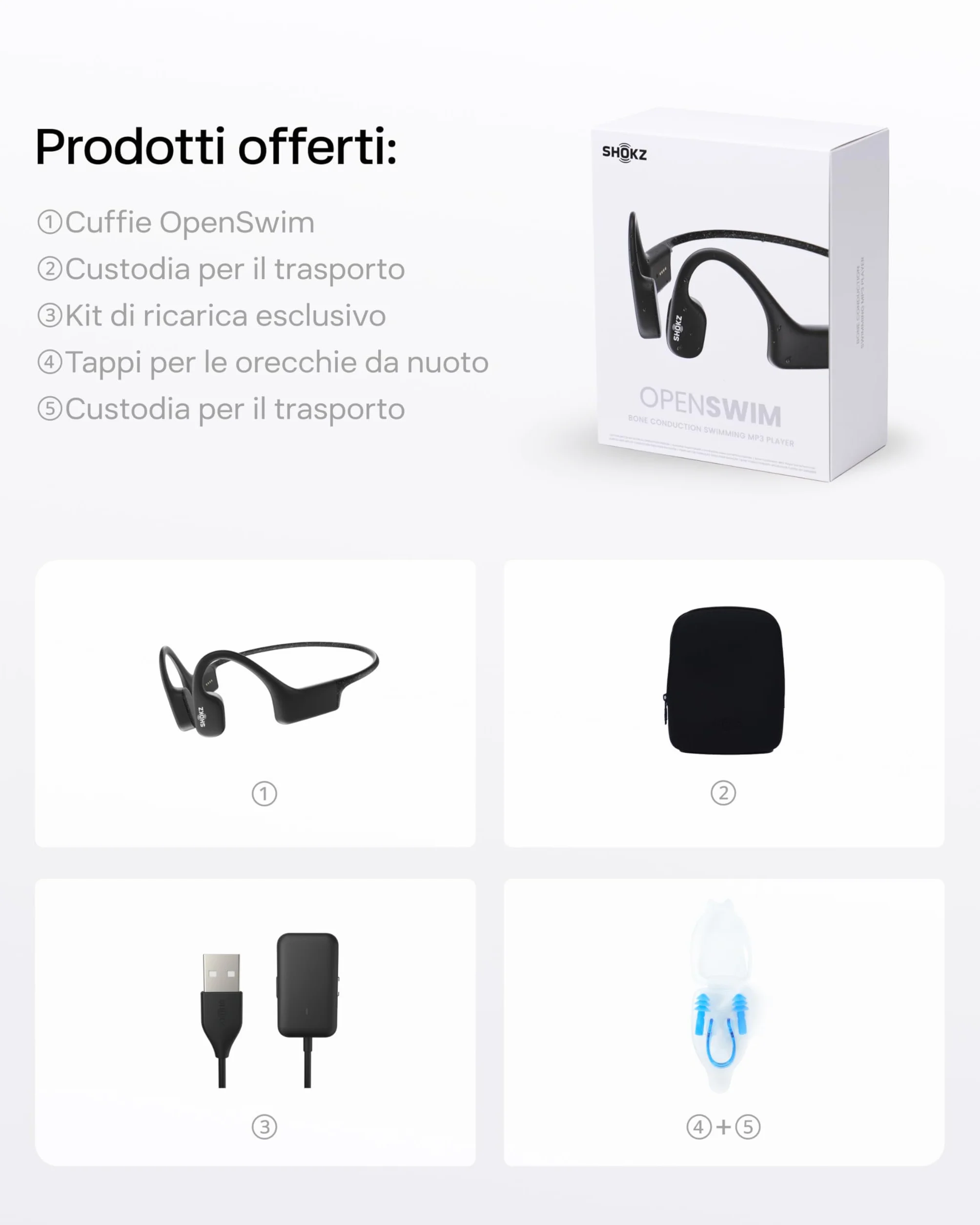 SHOKZ Auricolari OpenSwim a conduzione ossea, lettore MP3 da nuoto impermeabile IP68, auricolari sportivi open-ear con 4 GB di memoria, 8 ore di riproduzione, per nuoto, surf(senza Bluetooth), Nero