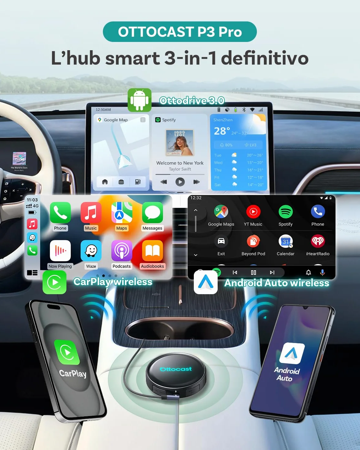 (2026 Nuovo) OTTOCAST P3 Pro CarPlay AI Box, 3-in-1 Wireless Adattatore CarPlay & Android Auto con Uscita HDMI, 8GB+128GB, Schermo Diviso, App Scaricare, Aggiornamento OTA per Auto con CP/AA Cablati