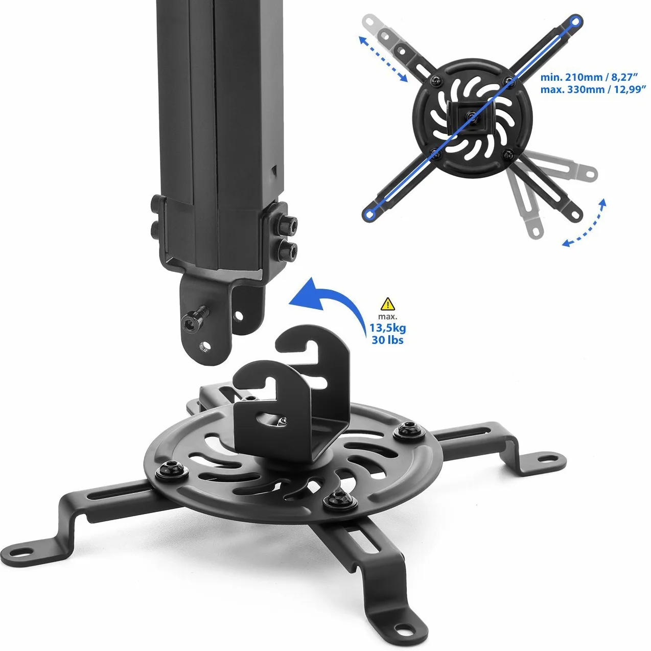 deleyCON Supporto per Videoproiettore Universale da Soffitto Inclinabile di +/- 15° Girevole a 360° Portata 13,5Kg Regolabile in Altezza da 545mm a 900mm - Nero