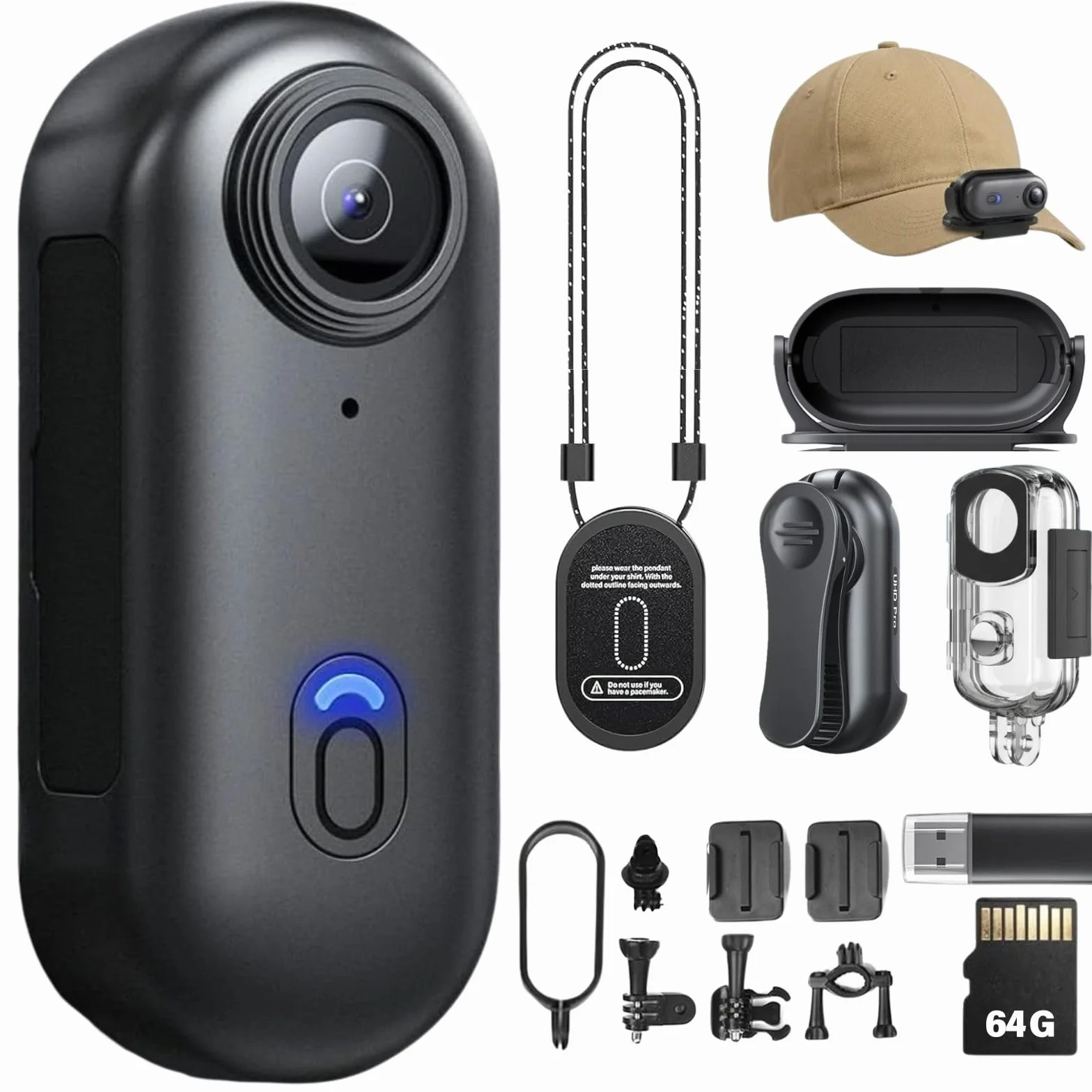 4K - Telecamera corpo 4K con tracciamento audio e video, impermeabile, magnetica e con clip a 360°, batteria da 120 minuti per ciclismo, passeggiate con animali (4K-P-64G)