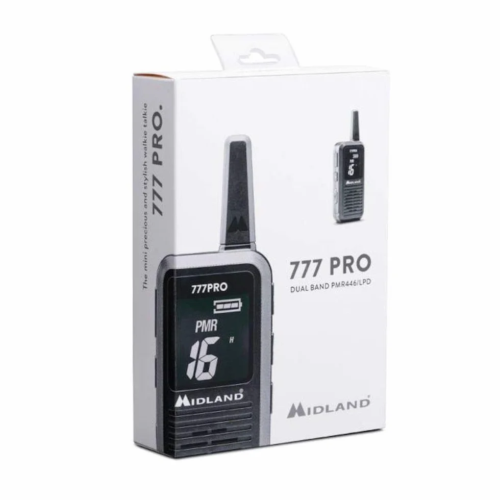 Midland - Walkie Talkie 777 Pro, 2 Ricetrasmittenti Professionali per Security, 85 Canali - 16 PMR446/69 LPD, 38 CTCSS e 104 DCS, Autonomia 14H, Copertura 6Km, Display Digitale, Batterie Ricaricabili
