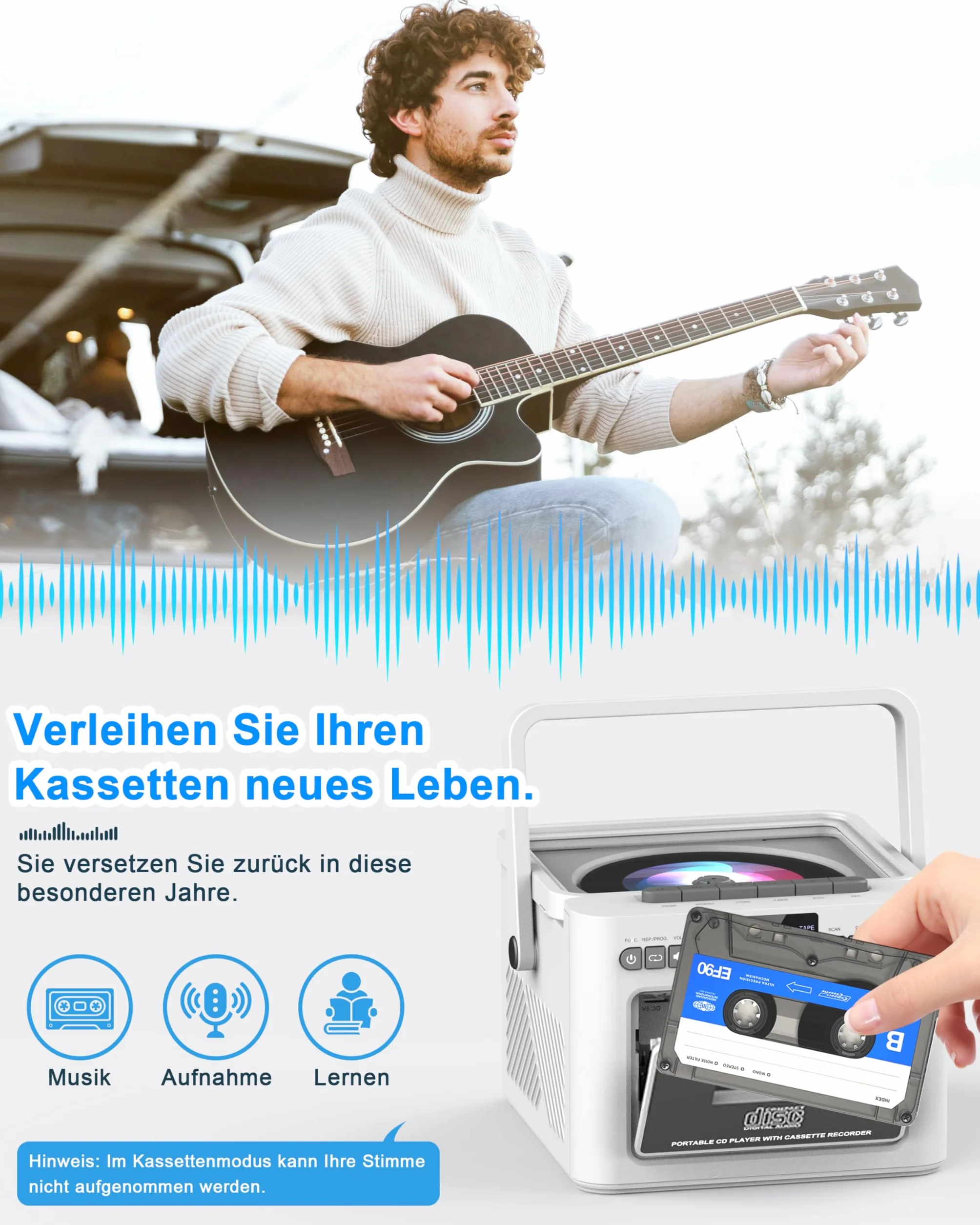 Greadio Lettore CD Portatile, Boombox con Lettore di Cassette e Radio FM, Bluetooth 5.1, Batteria Ricaricabile da 5000mAh, Telecomando, Ingresso AUX/USB/Scheda SD, Altoparlante da 5W, Schermo LED