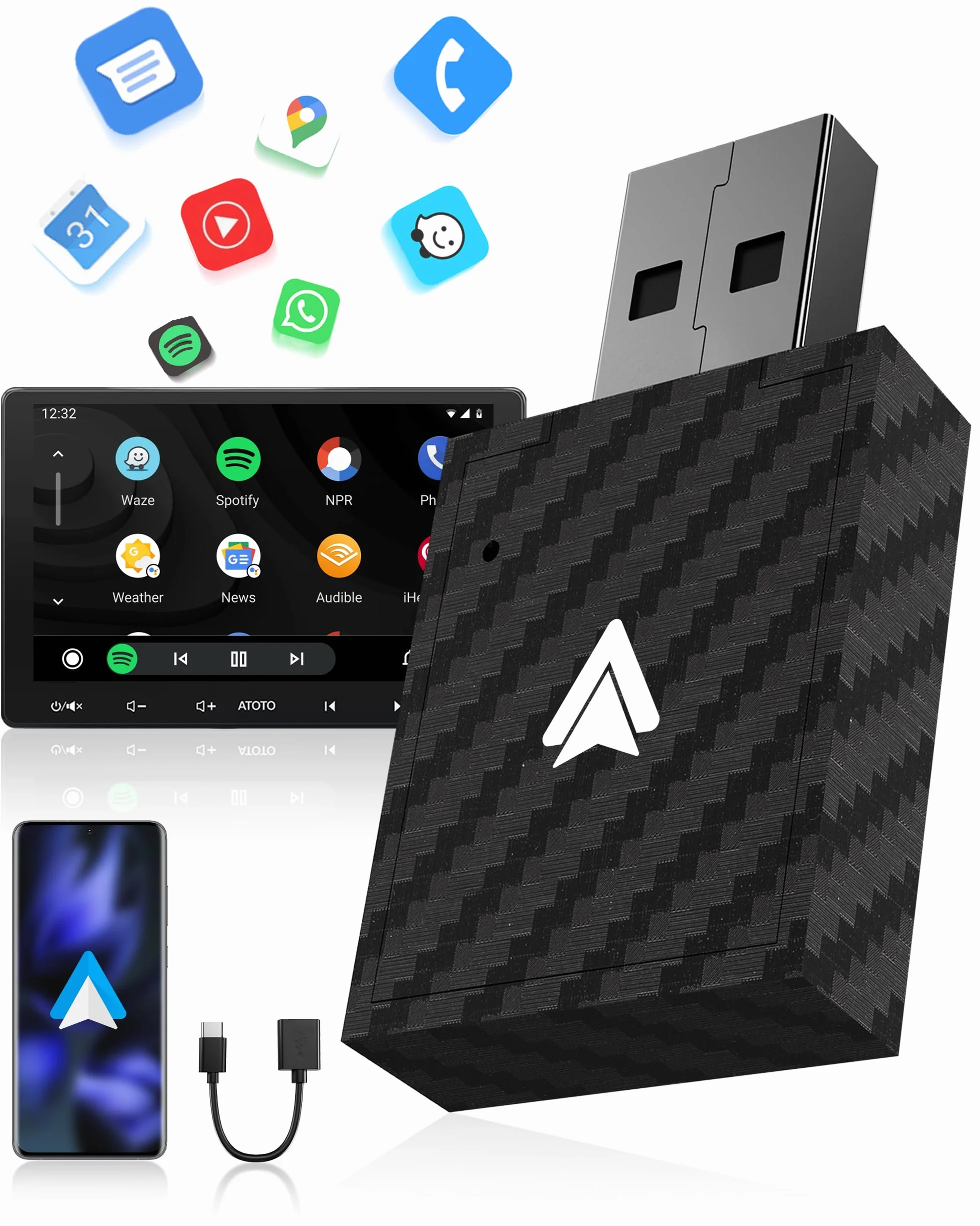 Adattatore Android Auto Wireless, AA Wireless per Android 11+, Bluetooth V5.3, Dual Core a WLAN 5.8GHz, Veloce e Stabile