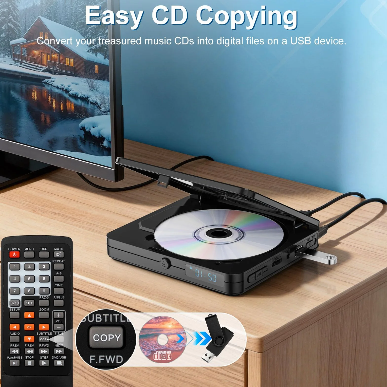 Mini lettore DVD con telecomando – All Region Free 1080P HD Piccolo lettore CD DVD compatto per Smart TV e proiettore, dispone di uscita HDMI, jack per cuffie, ingresso USB 2.0, supporto PAL