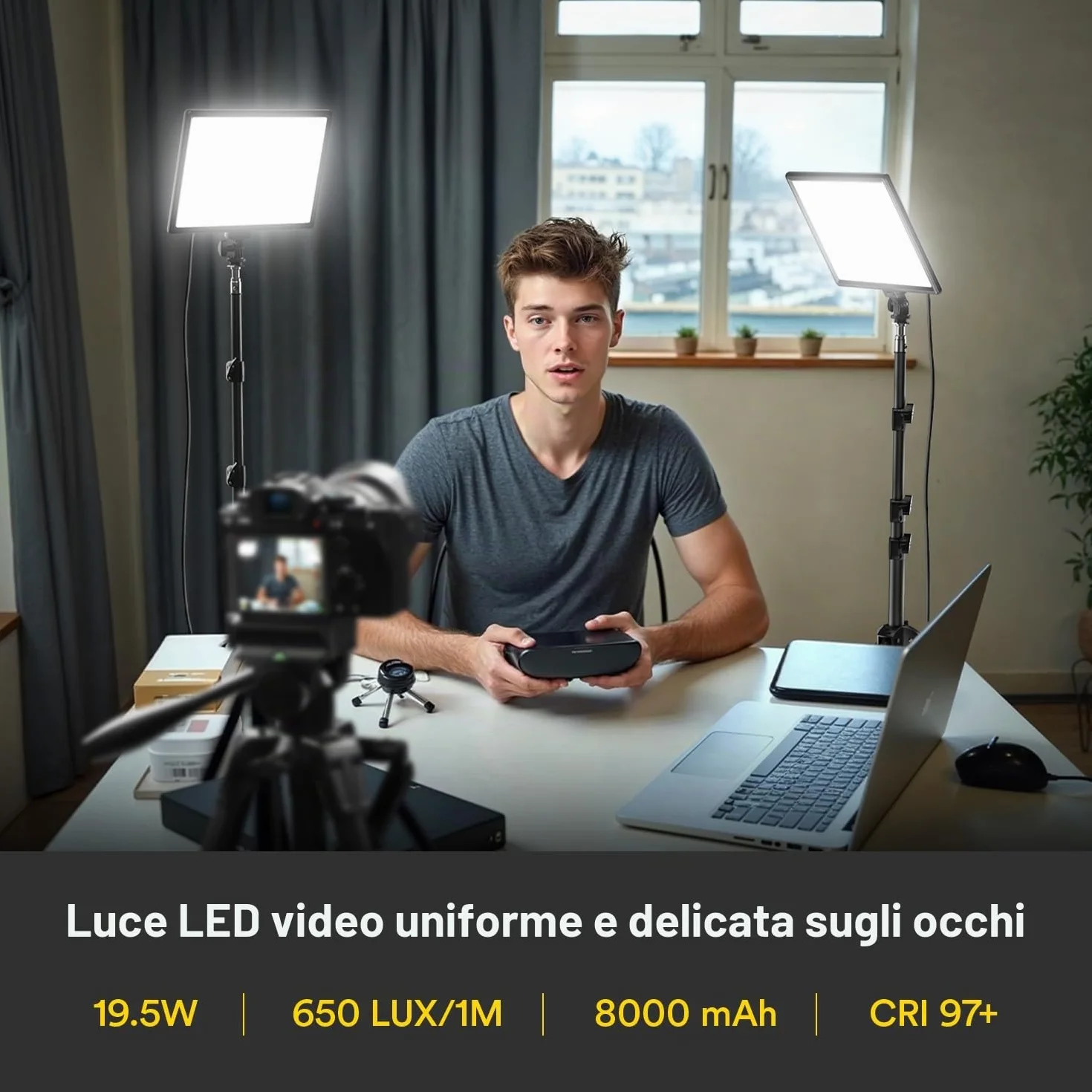 RALENO Luce Fotografica Kit di Illuminazione a 192 LED con Treppiede, Batteria Integrata da 8000mAh, 2500-6500K Bicolore Dimmerabile CRI95 per YouTube Fotografia Registrazioni Video in Studio
