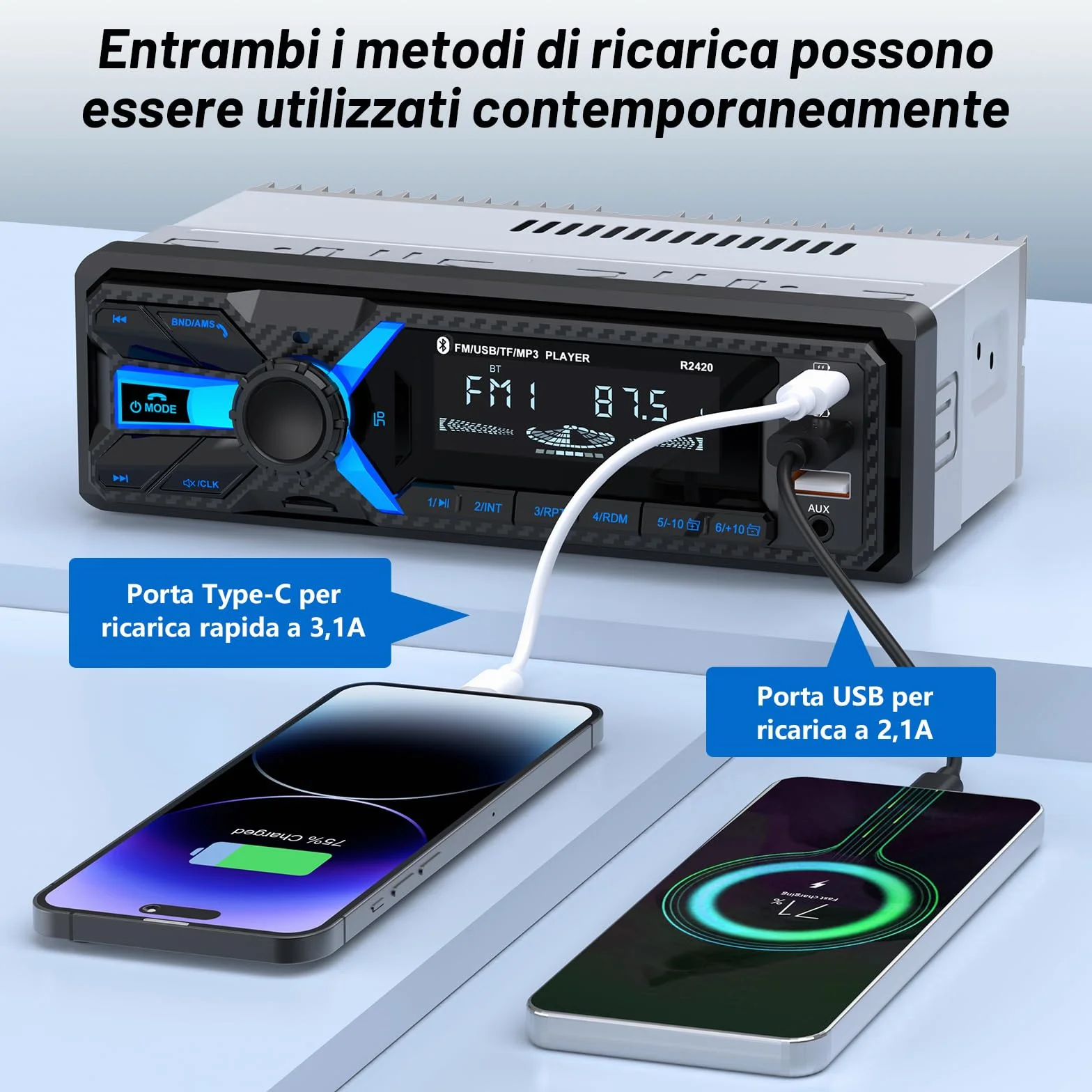 RDS Autoradio Bluetooth 1DIN z Portem USB-C FM/AM MP3 Stereo