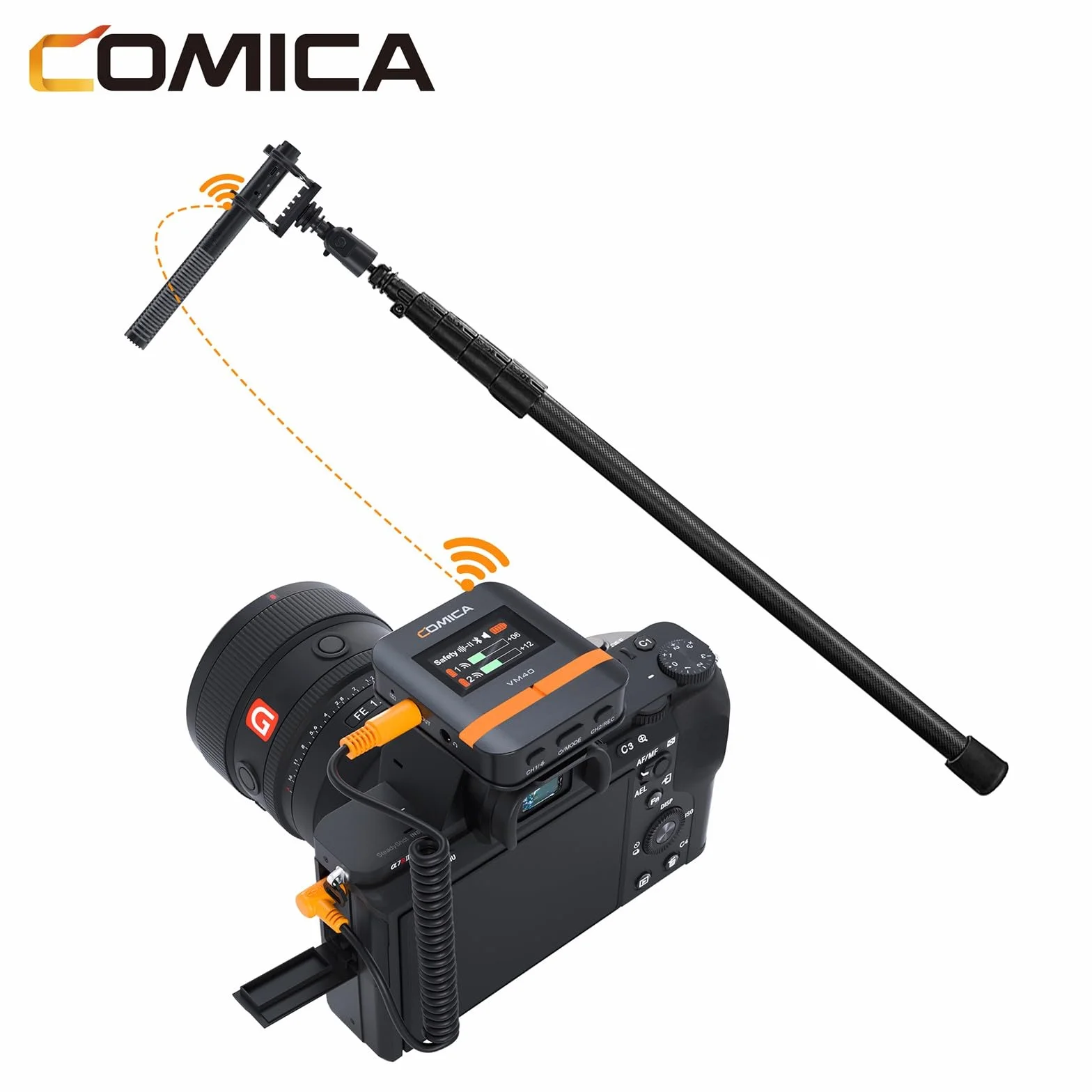 Comica VM40 Microfono Shotgun Wireless, Diagramma Polare Super Cardioide 2.4G, Registrazione Float 48kHz/32-bit, Doppia Modalità Cablata/Wireless, Archiviazione di Registrazione Integrata 32G