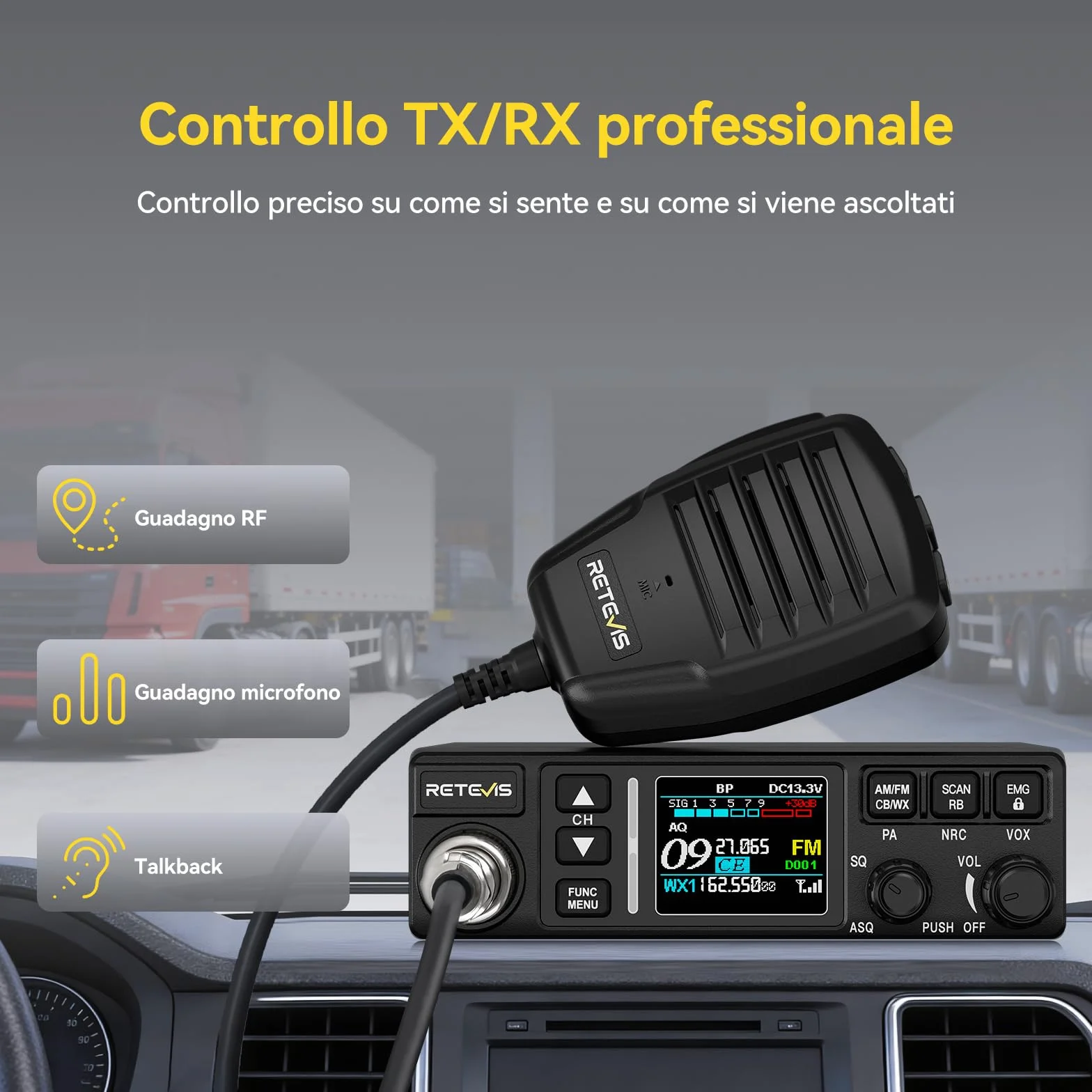 Retevis MB63B CB Radio e Antenna, NRC Cancellazione Del Rumore Radio CB Veicolare,12V/24V, AM/FM, TFT Colori, CTCSS/DCS, VOX, 40 Canali,EMG CH9/19 Radio CB Portatile per Team Fuoristrada (1 Pezzo)