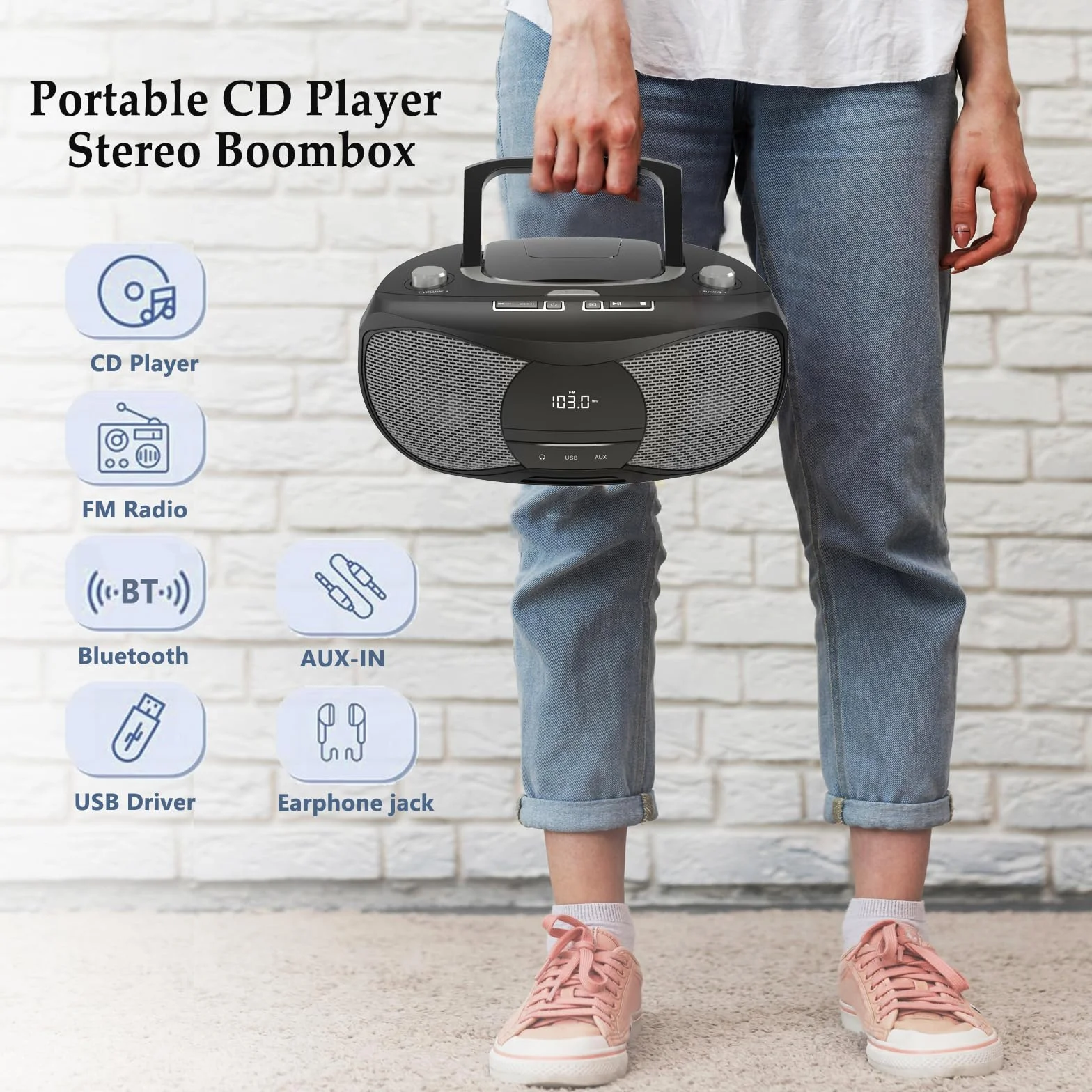 LONPOO Stereo Lettore CD portatile Bluetooth Boombox Connettività Radio FM, USB, AUX, Uscita cuffie, 5W RMS HiFi Altoparlanti (LP-D12)