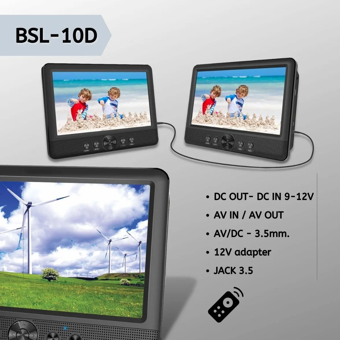 Lettore DVD doppio da 10 pollici portatile BSL-10D | Lettore file multimediali | Lettore CD e DVD | Porte USB, SD/MMC | Batteria da 2500 mAh.