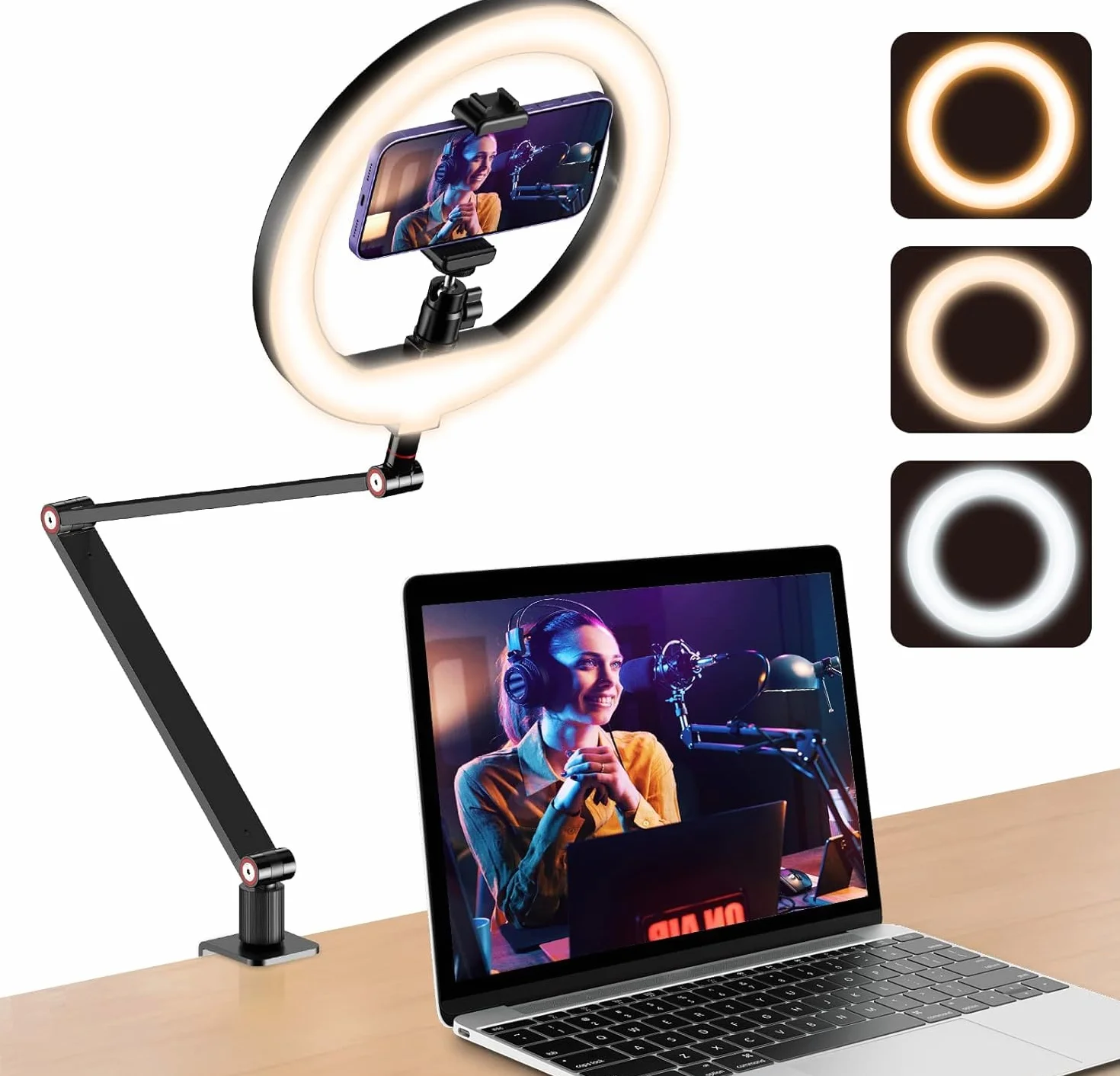 Ring Light 10'' da Tavolo per Ufficio, Lampada Videoconferenza con Supporto Regolabile per YouTube Tiktok