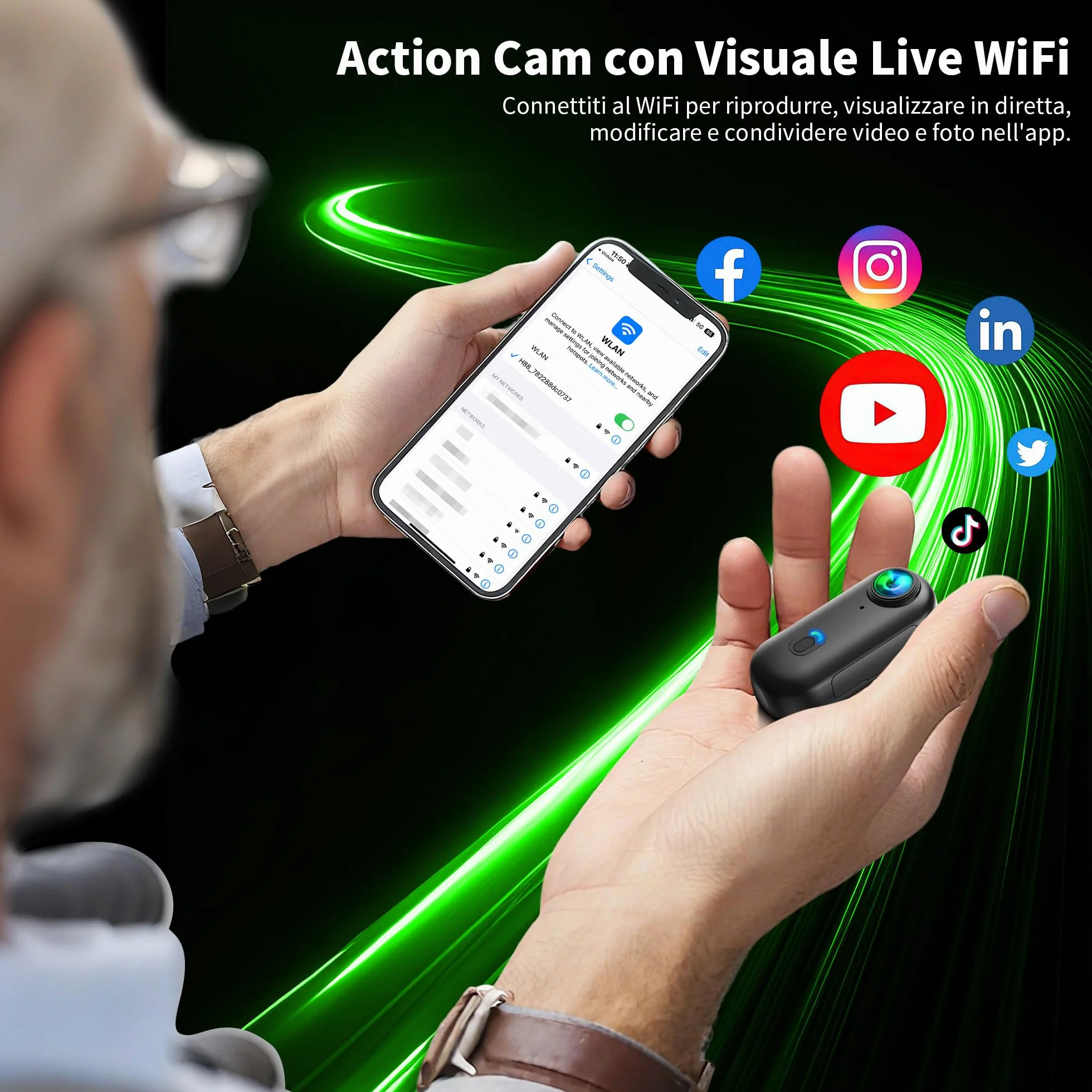 4K Mini Action Cam WiFi, Telecamera Moto, Grandangolare 120° Bodycam, Videocamera Sportiva Impermeabile fino a 30M, Fotocamera Accesorios Multiples per Bicicletta Casco