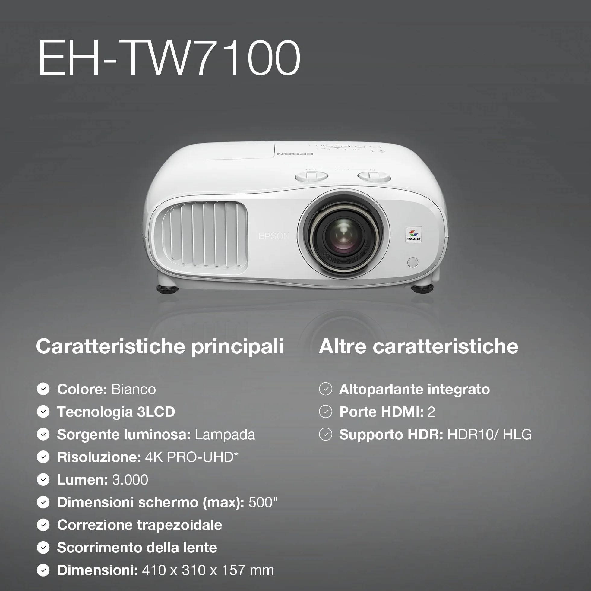 Epson EH-TW7100 | Videoproiettore 4K PRO-UHD | 3.000 lumen | 3LCD | Display da 500” | Streaming facile da dispositivo con 2 porte HDMI | Altoparlante stereo 10W | Per uso domestico e gaming | Bianco