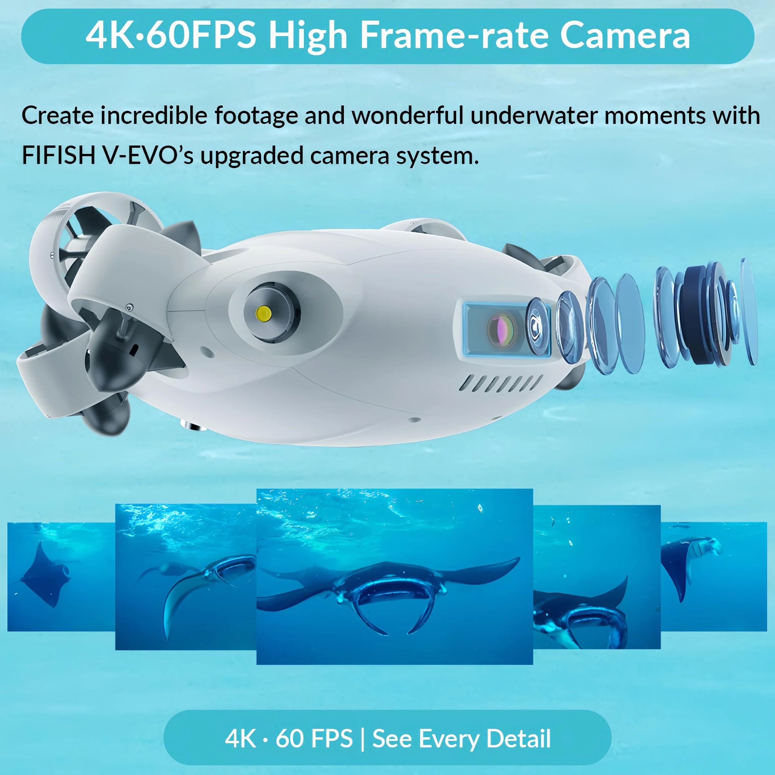 CAMOLECH FIFISH V-EVO 4K drone subacquea con braccio robotico AI Vision Lock 360° movimento omnidirezionale immersione fino a 100M ROV subacqueo (aggiungi braccio robotico)