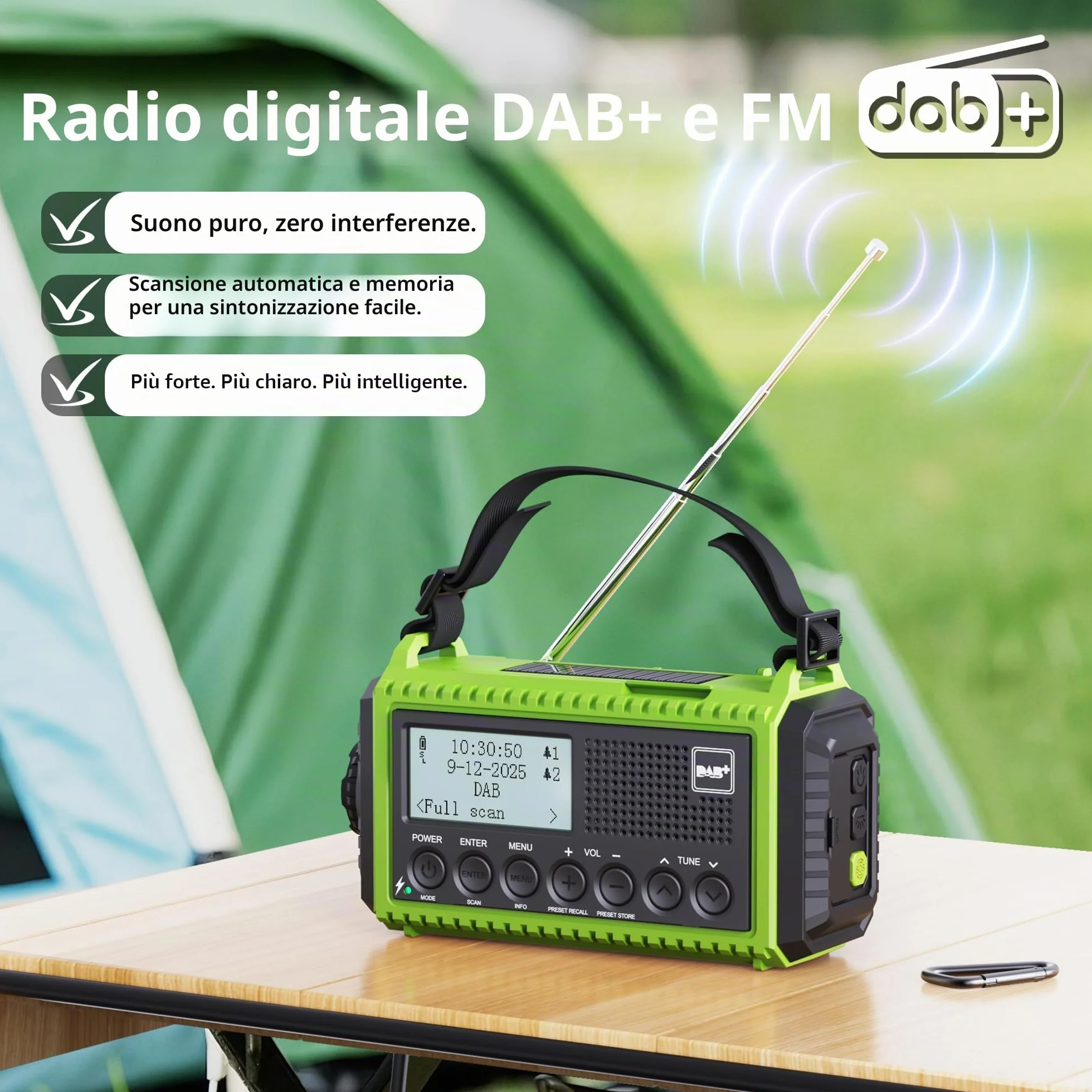DAB/DAB+/FM radio portatile, Solare Radio a Manovella, Batteria Ricaricabile 5000 mAh, Torcia a LED e Luce di Lettura, Allarme SOS, Impermeabile IPX4, per Escursioni, Campeggio, Emergenza