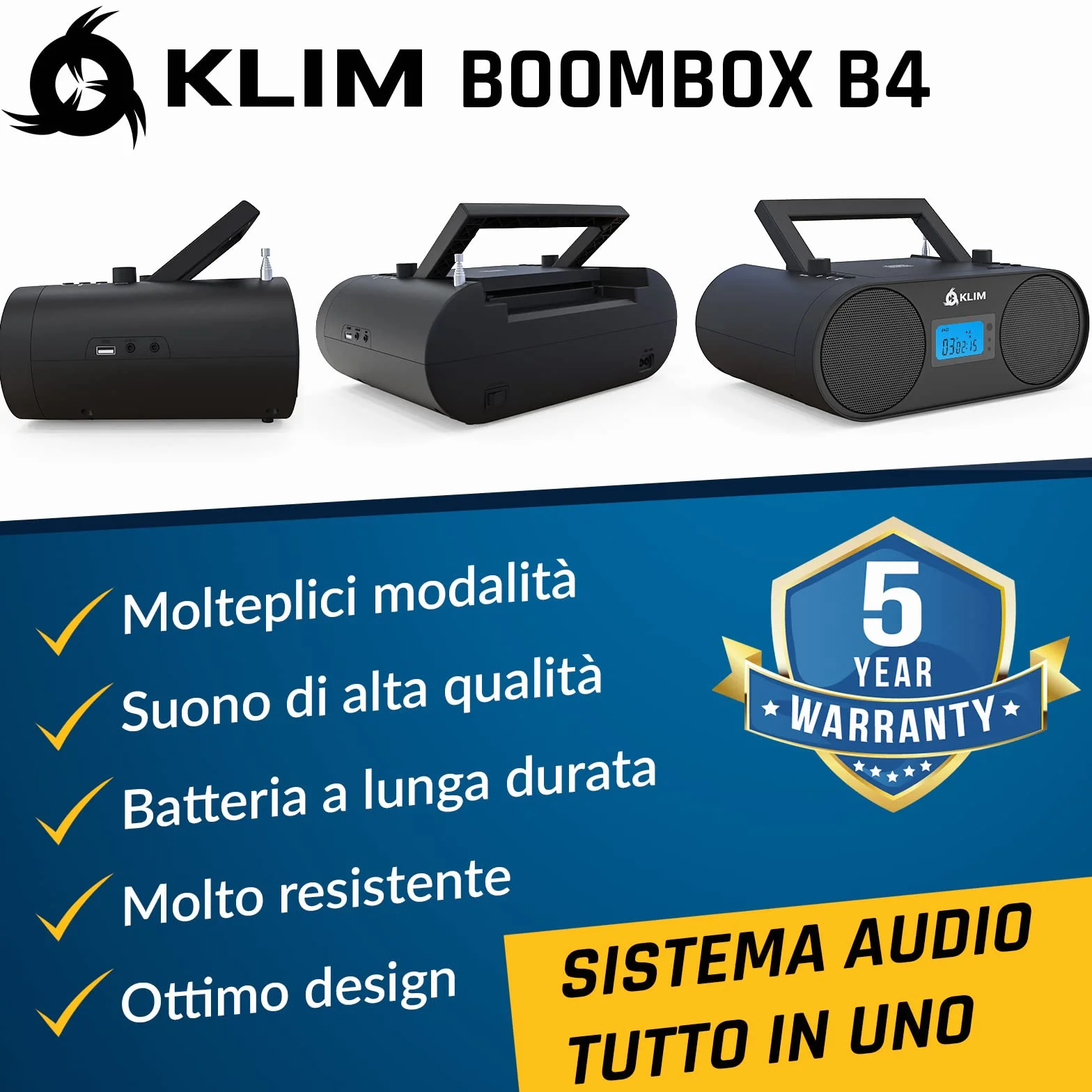 KLIM Lettore CD Stereo Boombox B4 + AM/FM Radio con Lettore CD e USB, Bluetooth, AUX + Stereo casa + Filo o Wireless + Batteria ricaricabile, Telecomando, Standby automatico, EQ Digitale + NUOVO