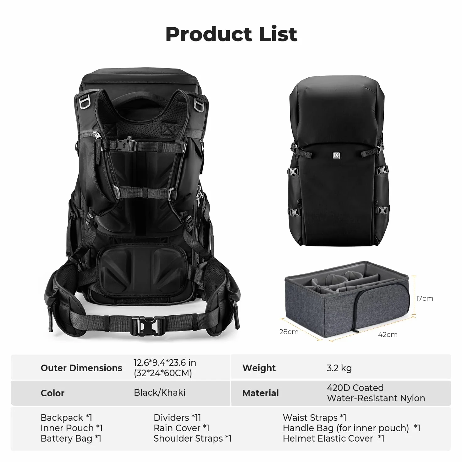 K&F CONCEPT Zaino per fotocamera, zaino da viaggio all'aperto di grande professtional splashproof Borsa a tracolla multifunzionale per Macchine fotografiche, obiettivo, treppiede, laptop, drone