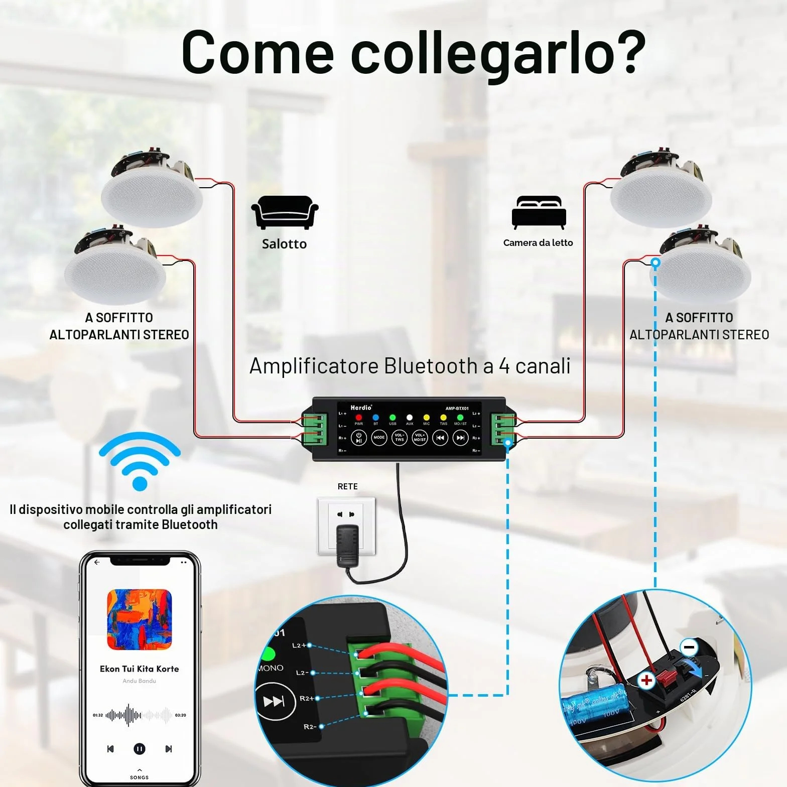 Herdio 6.5 pollici 4PCS 600W Altoparlanti da soffitto Sistema altoparlanti domestici da incasso