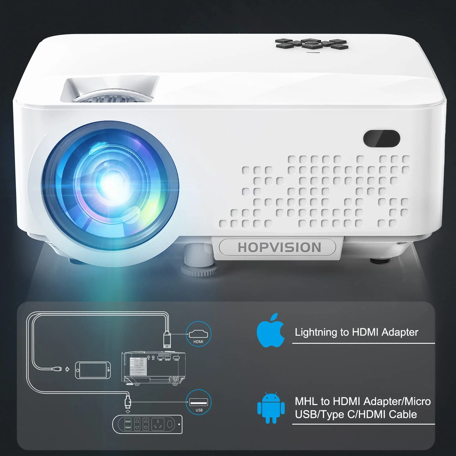 HOPVISION Proiettore, 12000Lumen 4K Supportato, Mini Proiettore Portatile WiFi Bluetooth Full HD 1080P, Videoproiettore Home Cinema Compatibile con Smartphone/HDMI/USB/Laptop/Fire Stick/PS5