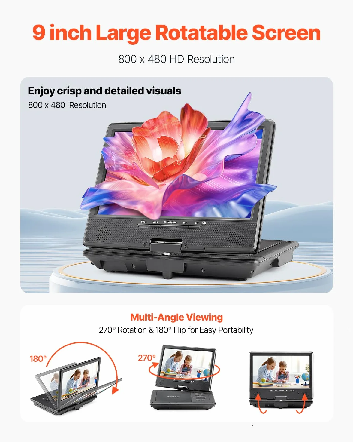 VEVOR Lettore DVD Portatile con Schermo Girevole 228 mm, Lettore DVD da Viaggio con Altoparlante Doppio, Supporto Sincronizzazione TV/USB/Scheda SD/CD/DVD, Caricabatteria da Auto