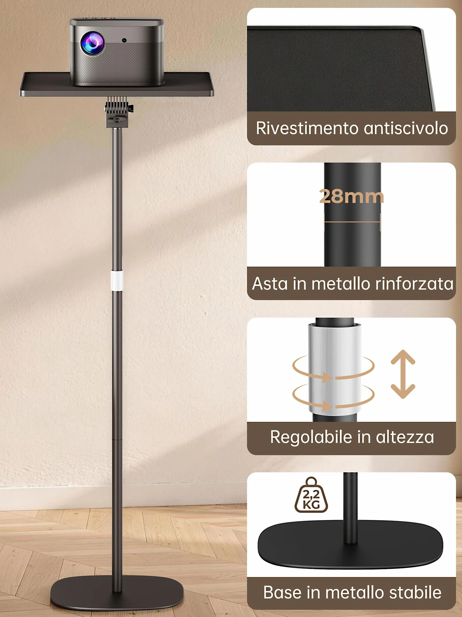 Supporto per proiettore, Regolabile in Altezza 54-129 cm, Girevole a 360°, Portata 7kg, Supporto a Pavimento Compatibile con Pico-proiettori, computer portatile, Telecamere, DV, Trail Camera