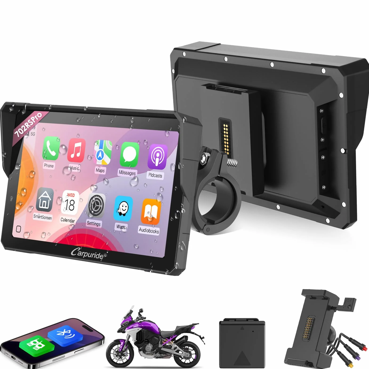 CARPURIDE W702RS Pro Moto Carplay Schermo con Radar BSD e BM05 Mount, Wireless CarPlay & Android Auto, 7 pollici Impermeabile Touchscreen, Funzione Interfono, Dual Bluetooth, Wired Controller, Navi.