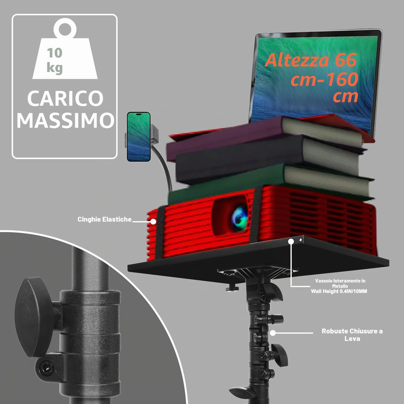 GlobalCrown Supporto Proiettore da Terra Regolabile in altezza (66-160 cm),Treppiede per Proiettore portatile Laptop con Vassoio per mouse e supporto per Telefono,Treppiede rotante con ruote