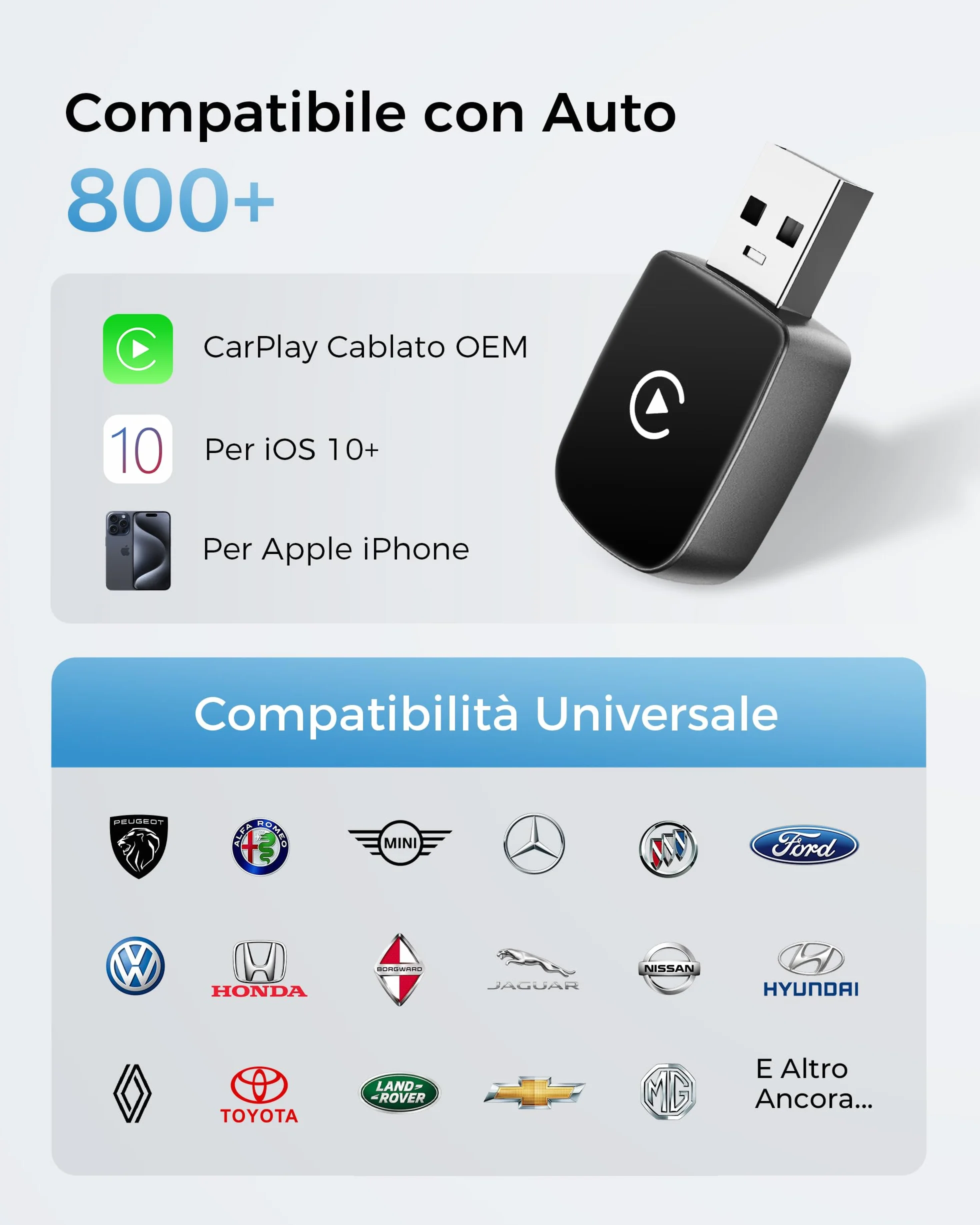 Adattatore CarPlay Wireless Dual Core Wi-Fi 5.8 GHz Bluetooth V5.3 per Apple iPhone iOS 10+ Veicoli CarPlay Cablata 2016