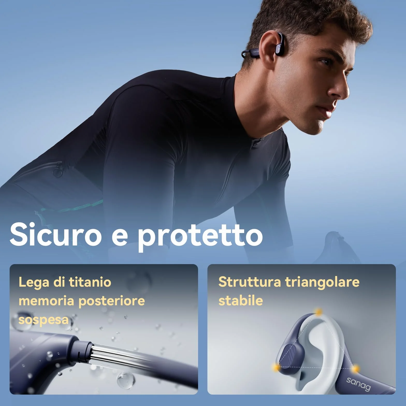 SANAG B21S Cuffie Conduzione Ossea, Open Ear Auricolari Wireless Bluetooth 5.4 con Impermeabili IPX5, Microfono, HiFi 5.4 Bassi, 10 Ore di Riproduzione per Corsa, Ciclismo, Sport (Blu)