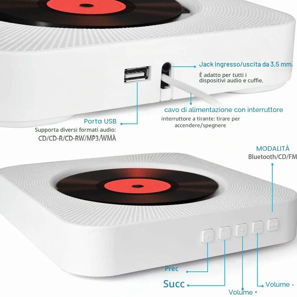 Lettore CD Portatile Bluetooth da Tavolo Montabile a Parete Altoparlanti Hifi Incorporati Boombox Audio Domestico con Telecomando (Bianco)