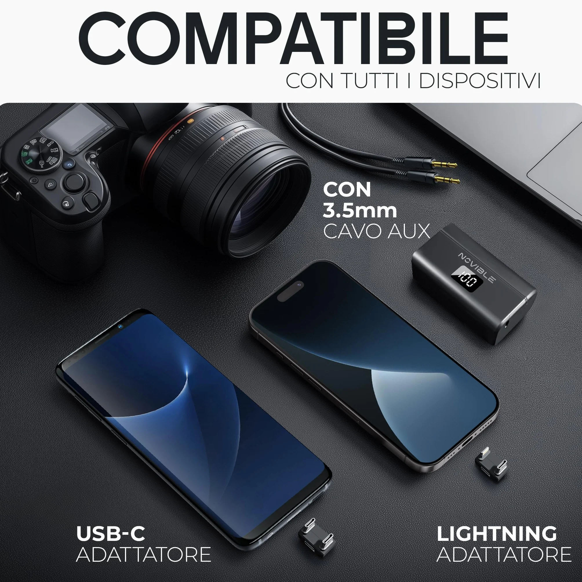 Microfono Lavalier Wireless per iPhone, Android, Fotocamera, PC - Audio Chiaro, Cancellazione Rumore, Portata 100 m - Autonomia 25 h con Custodia di Ricarica