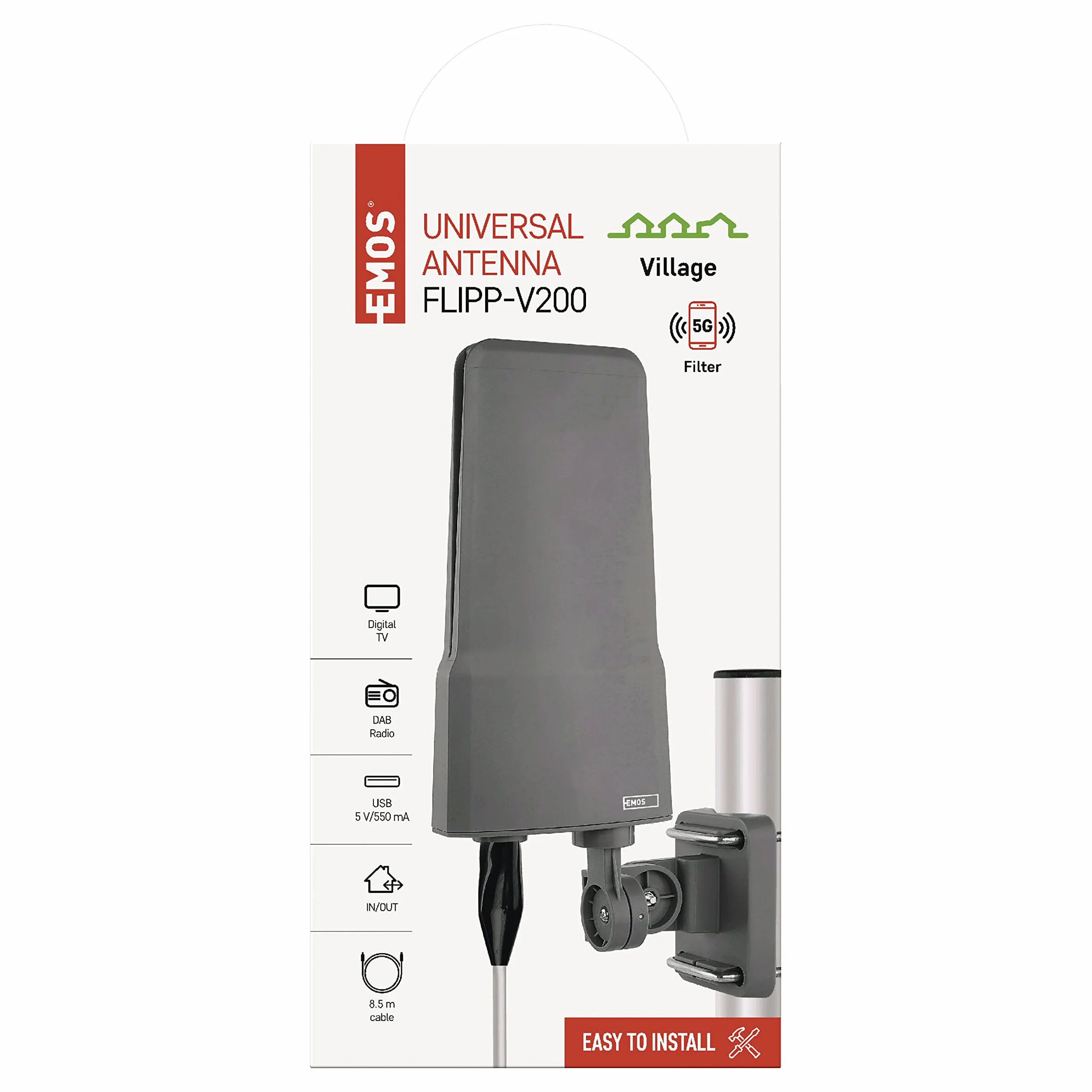 EMOS Antenna esterna con amplificatore per ricezione remota, VHF/UHF/DAB Outdoor TV Antenna per TV DVB-T/DVB-T2, portata 0-80 km, filtro di blocco LTE integrato, filtro 4G, 5G