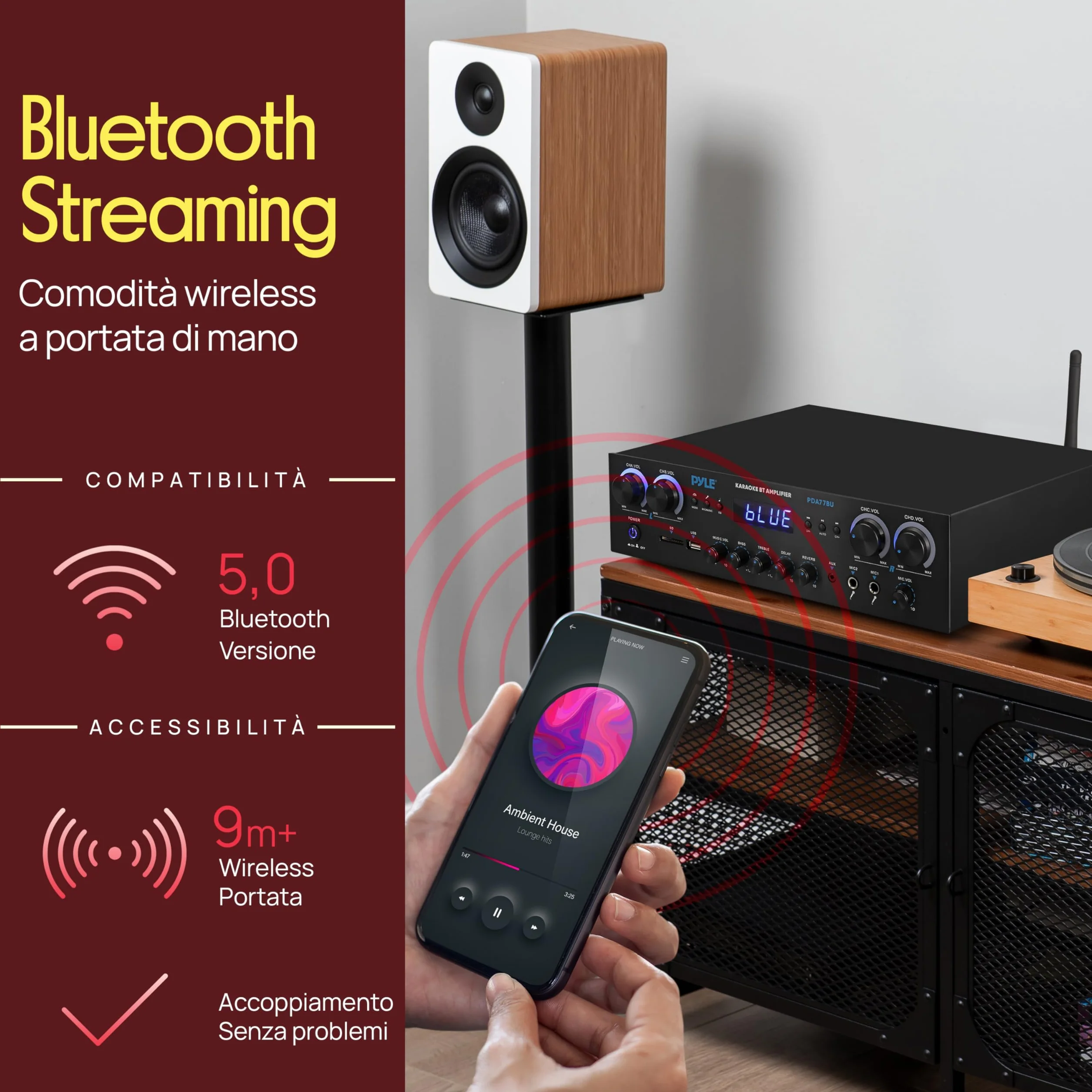 Pyle Amplificatore Audio 4 Canali Bluetooth 800 Watt Picco Home Theater Karaoke