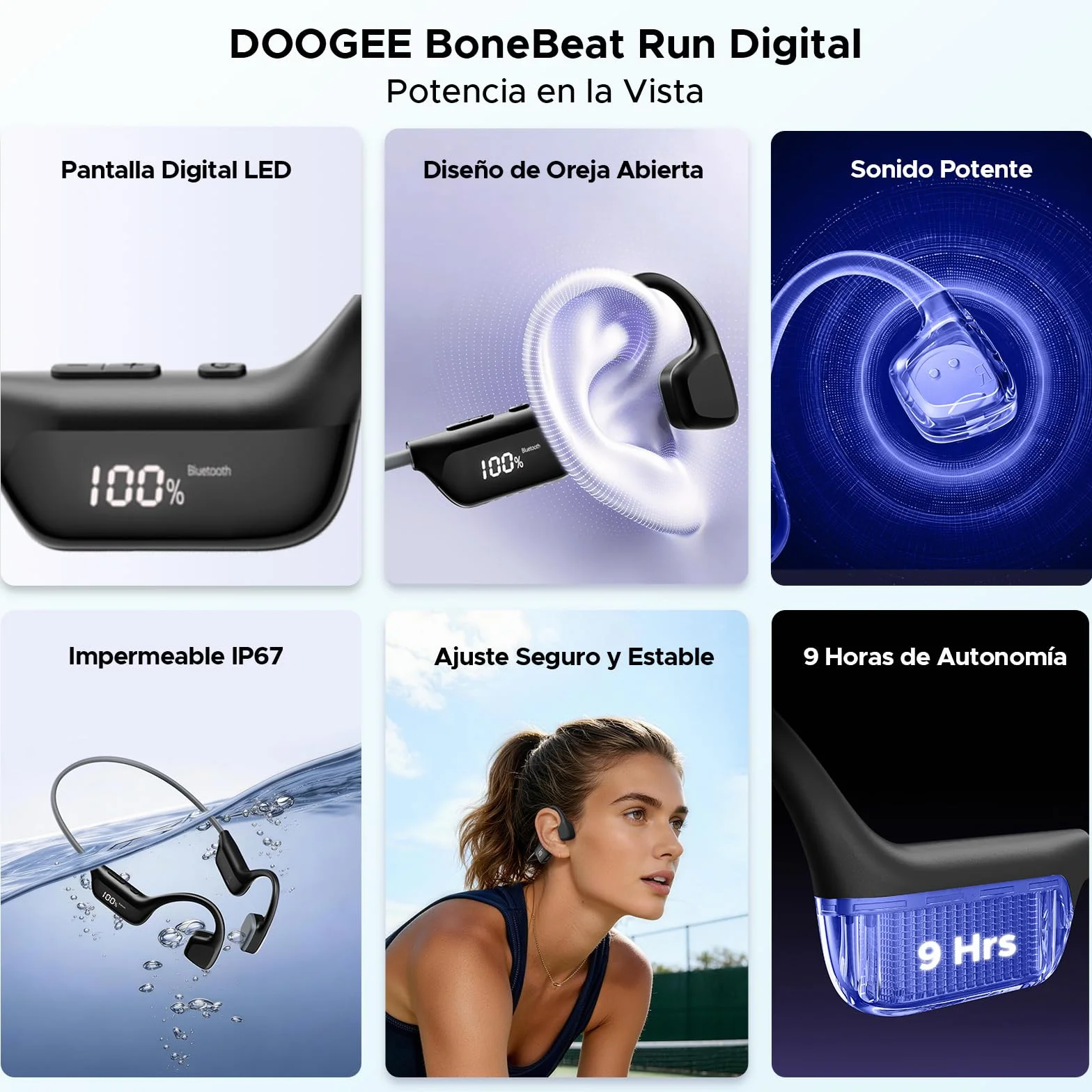 Bone Beat Run Digital Cuffie Conduzione Ossea Wireless, Auricolari Sportive Bluetooth Impermeabili con Display LED, Batteria 9 Ore, BT 6.0 per Corsa Palestra Outdoor - Nero