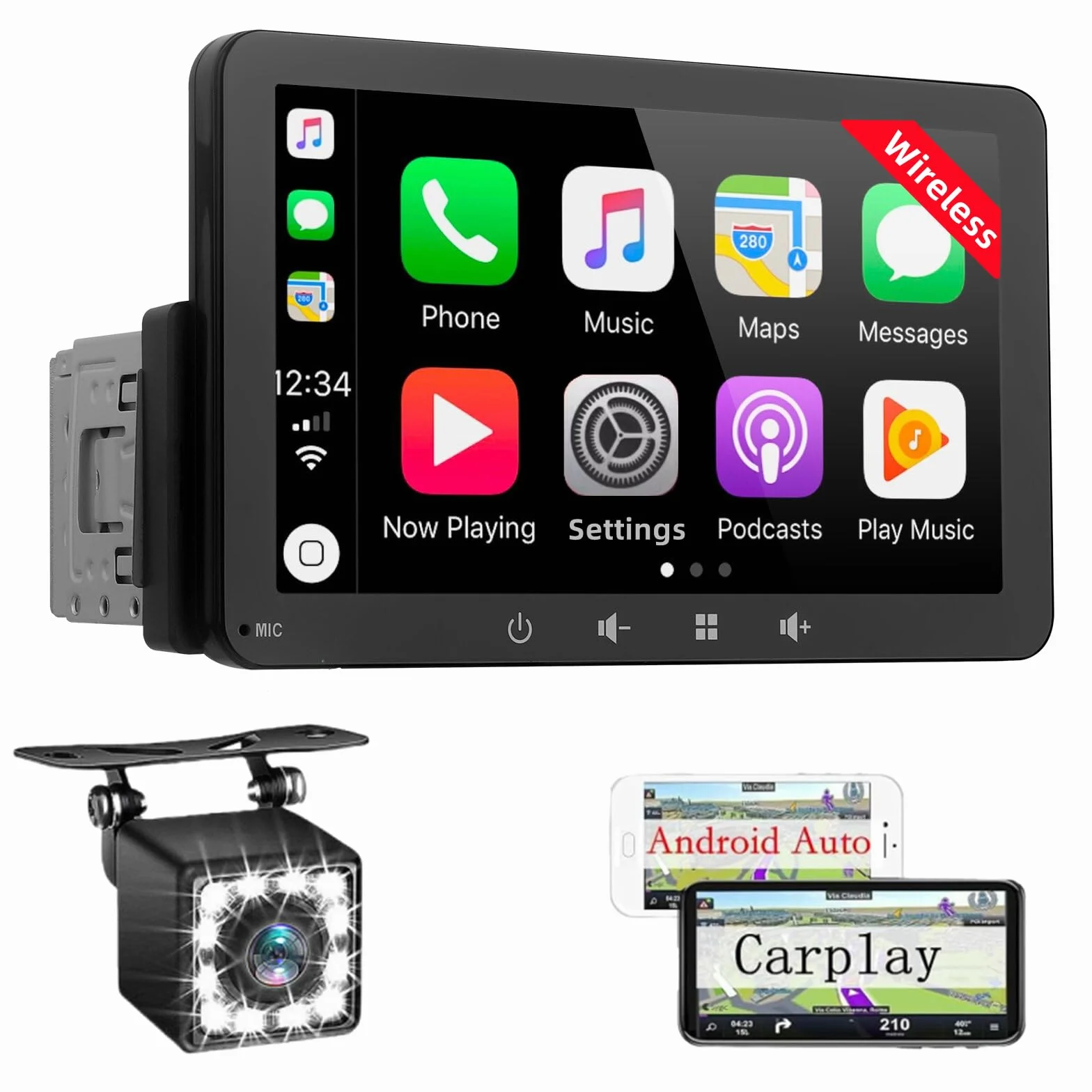 Autoradio 1 DIN 7 Pollici Touchscreen Stereo Bluetooth Wireless Carplay Android Auto Mirror Link USB FM Supporta Telecamera Posteriore