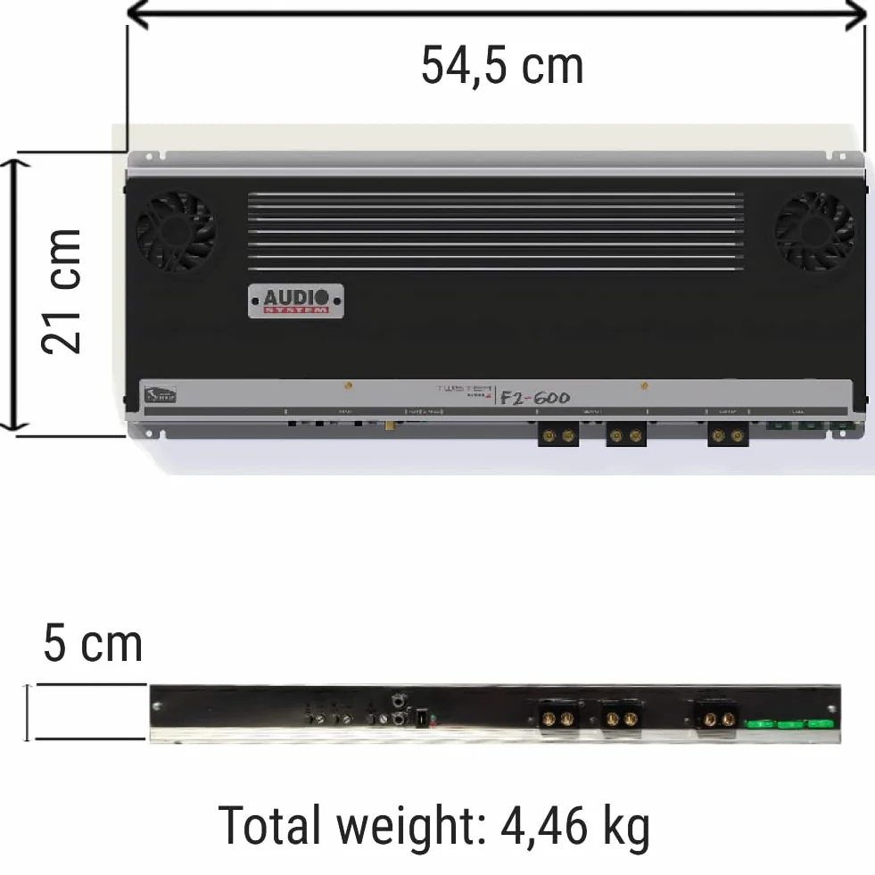SPEAKER, 1 amplificatore stereo compatibile con AUDIO SYSTEM F2-600 F2 600 2 canali classe ab 2 x 460 watt rms a 2 ohm 3000 watt max spl cofano auto, 1 pezzo