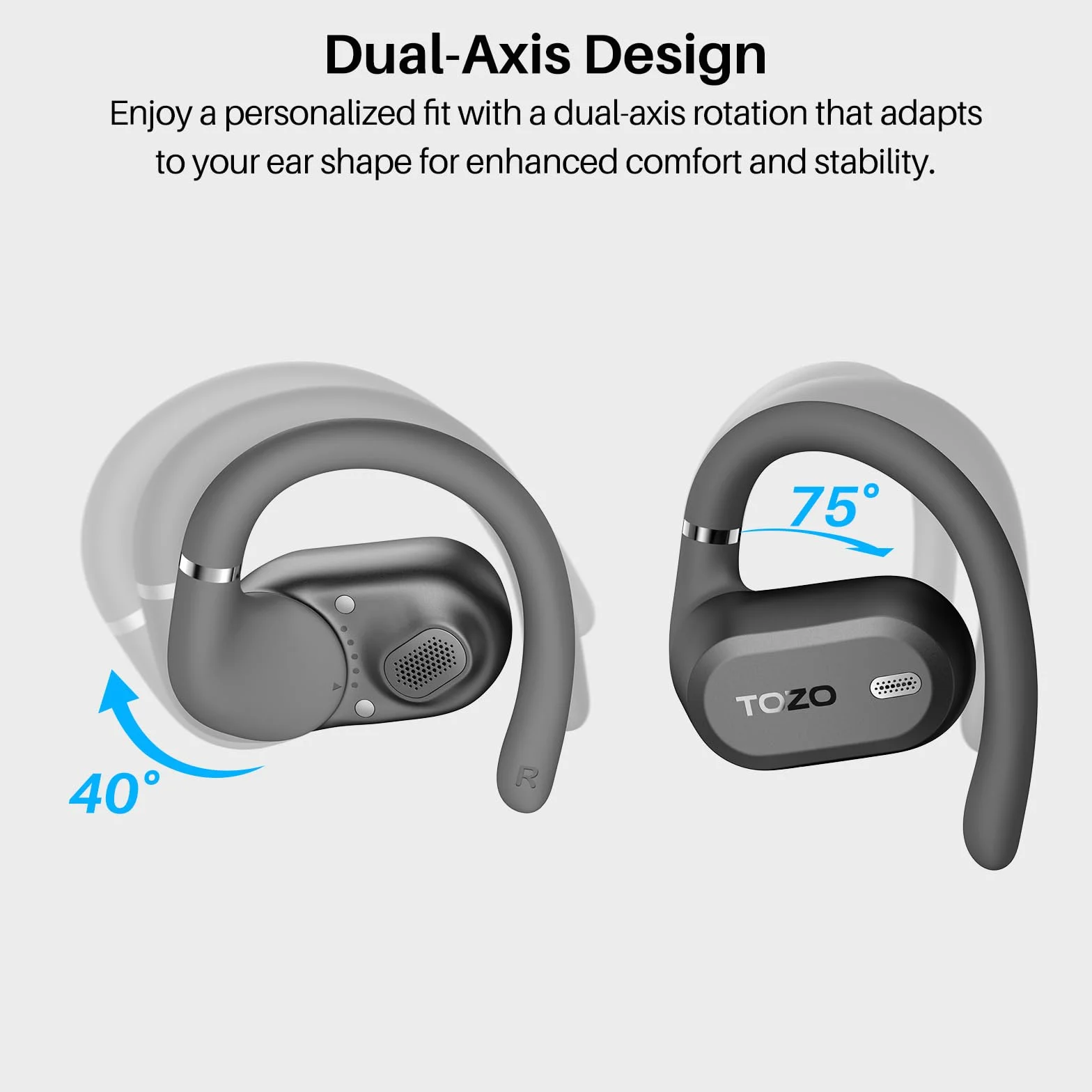 TOZO OpenWear Cuffie Bluetooth con ENC Chiamate, 14.2mm Driver 38 Ore, LED Schermo, Bassi Potenti, 5 EQ Modalità, Doppio Cardine Ultra Confort, Gancio Rotazione, Ricarica Rapida USB Tipo C Nero