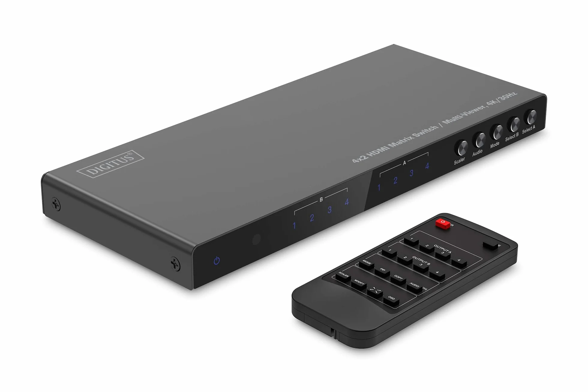 DIGITUS DS-55345 Switch a matrice HDMI 4x2-4 ingressi 2 uscite - UHD 4K/30 Hz HDTV: 3840 x 2160p - HDCP 1.4 e HDMI 1.4b - Multi-Viewer, Split-Screen, PIP - RS232, Audio (Toslink, Stereo 3,5mm)