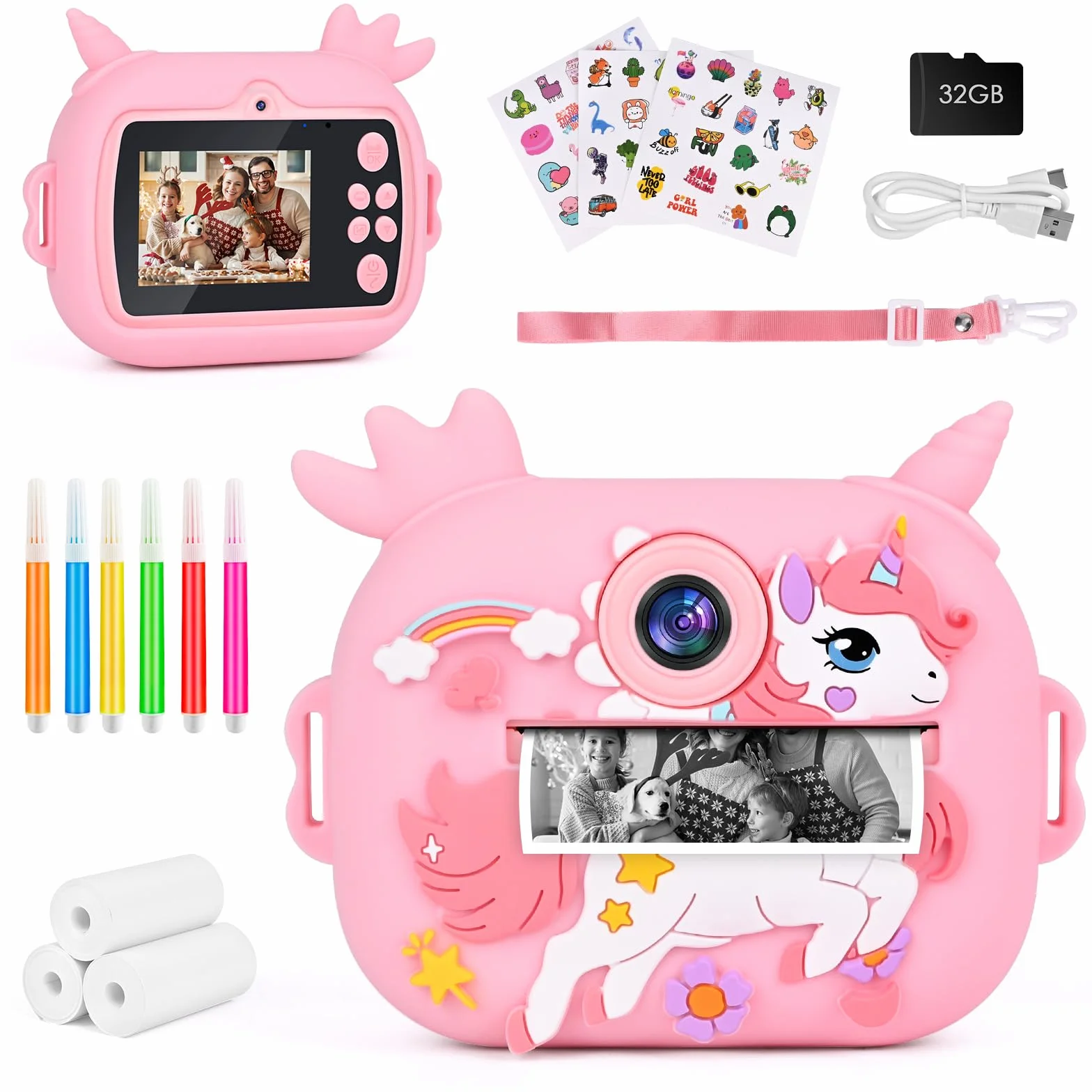 Macchina Fotografica Bambini Istantanea, Ambesty 2,4 Pollici 1080P Fotocamera Bambini Selfie, Fotocamera Digitale con 32GB Scheda e Carta Fotografica, Regali di Natale da 3-12 Anni (Rosa)
