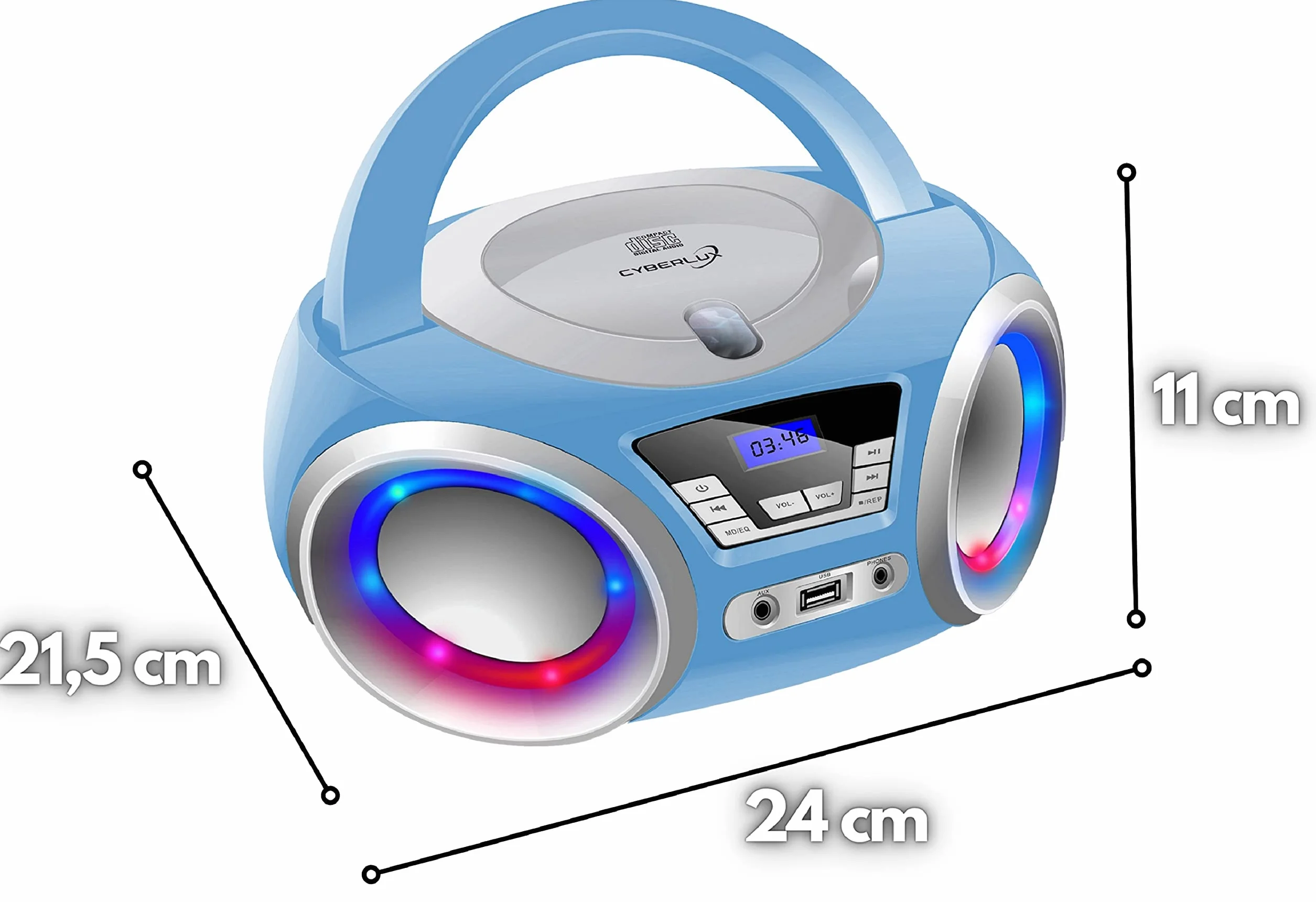 Lettore CD Portatile Con Illuminazione a LED, Radio Stereo FM, USB, MP3, Ingresso Cuffie e Aux In - Impianto Stereo Per Bambini