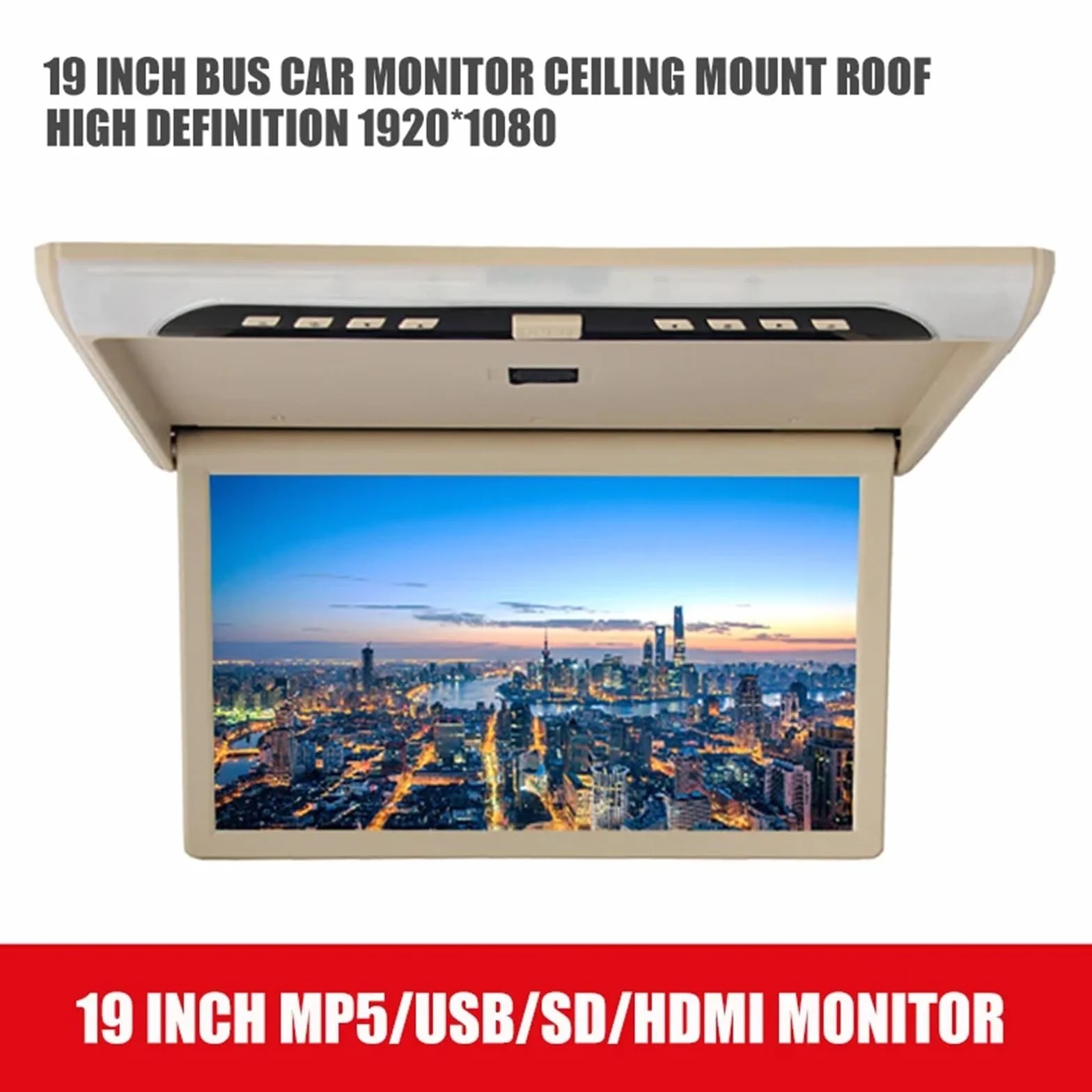 Monitor for auto da 19 pollici 1920 * 1080P con schermo LCD tetto, lettore MP5 ribaltabile monitor soffitto HD, TV for accessori for e autobus(Black)