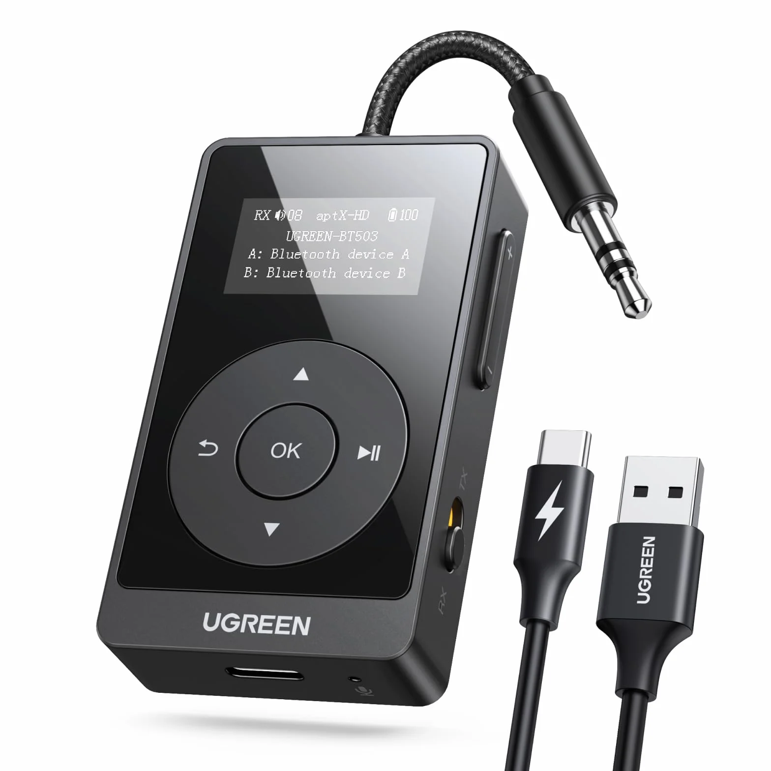 UGREEN Ricevitore Trasmettitore Bluetooth 5.3 aptX HQ Adattatore Bluetooth 2 in 1 Audio Jack da 3,5 mm per Auto Aereo TV PC Altoparlante Amplificatore