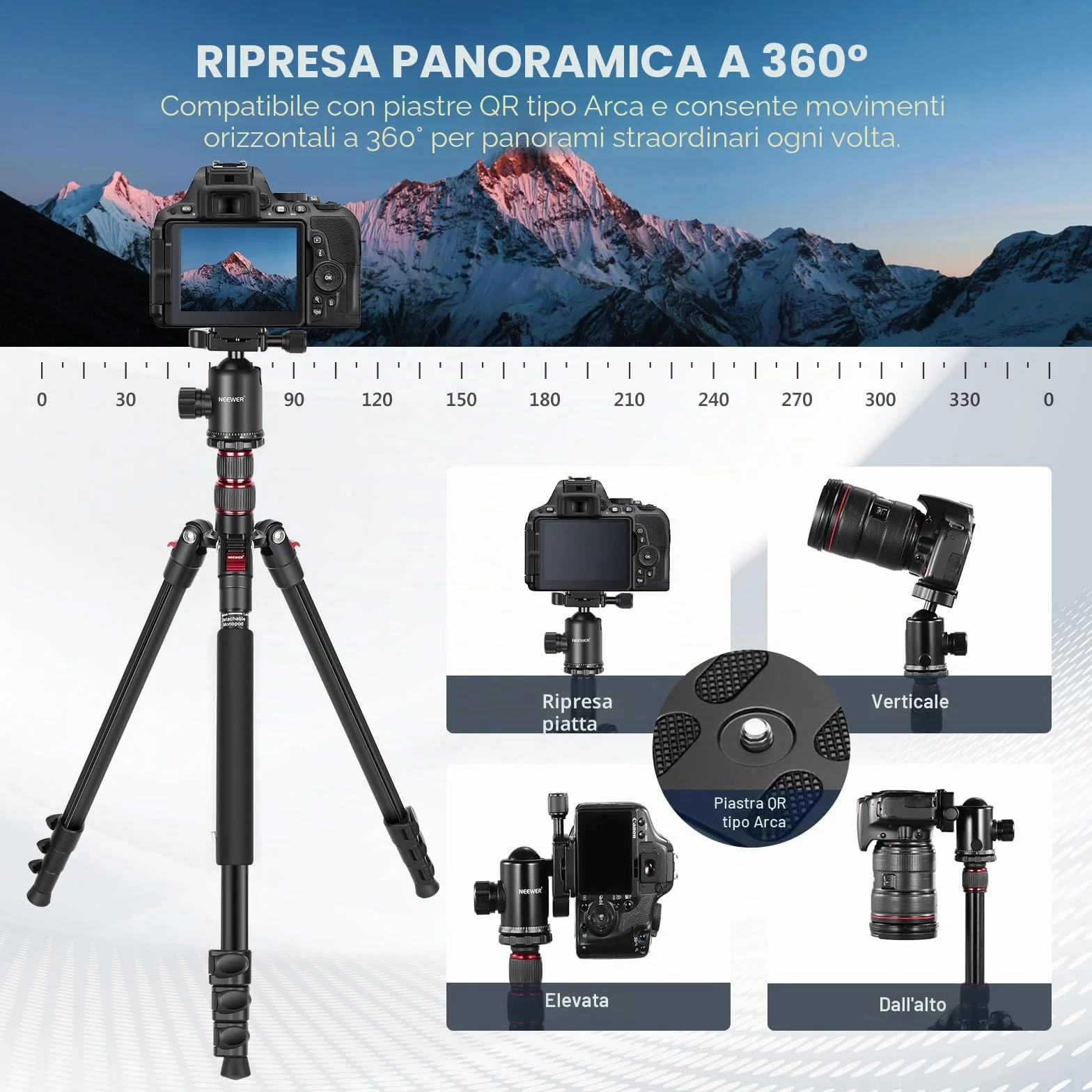 NEEWER 77'' Treppiede Fotocamera, Treppiede Monopiede Pieghevole Alluminio DSLR, Telefono con Testa a Sfera Panoramica 360°, Colonna Centrale a 2 Assi, Piastra Arca QR e Borsa, Carico Max 34lb, TP77
