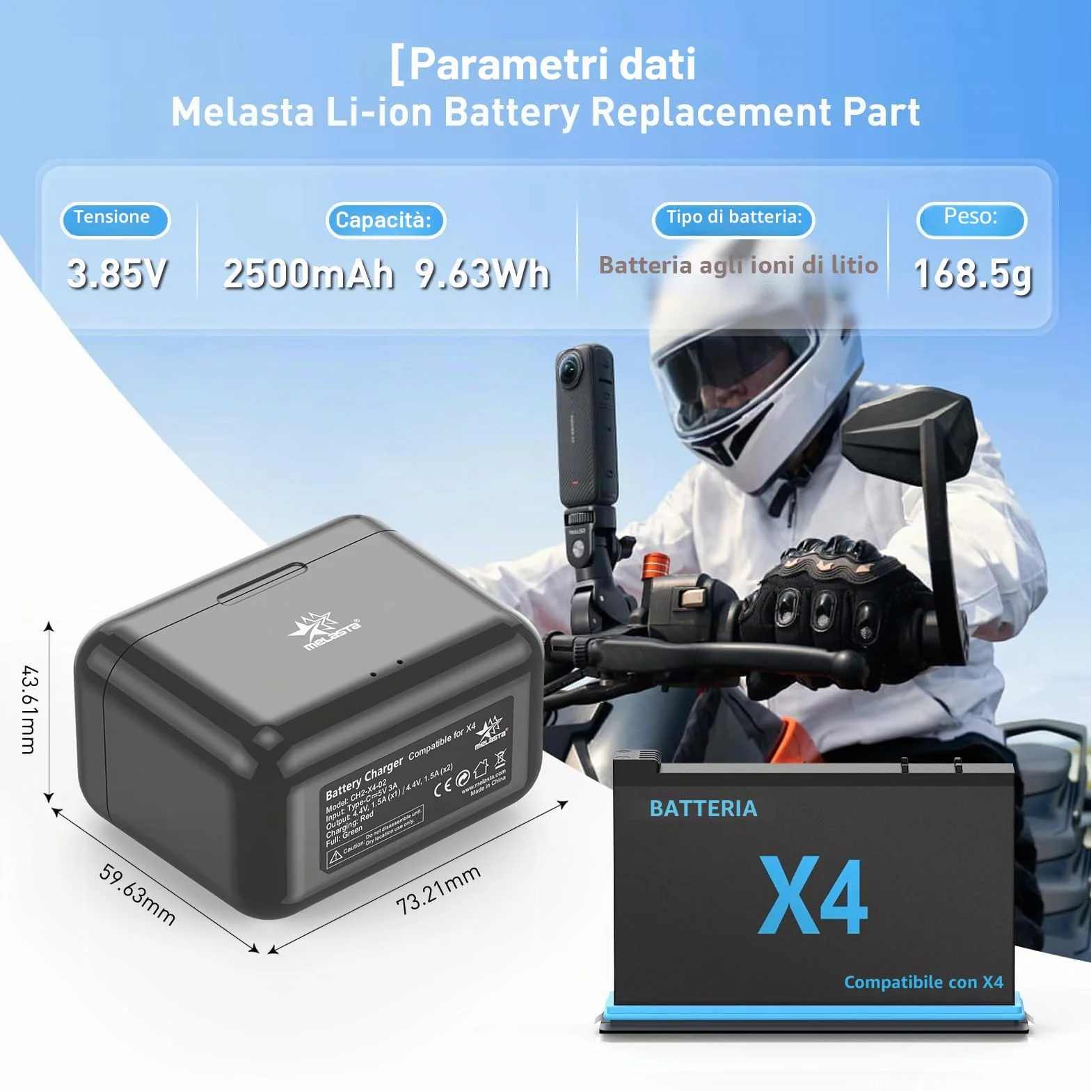 melasta per Insta360 X4 Batteria al Litio Ricaricabile, 3,85V 2500mAh Batteria x4 e Caricatore Con 2 Batterie e 1 Caricatore (con Slot per Schede)